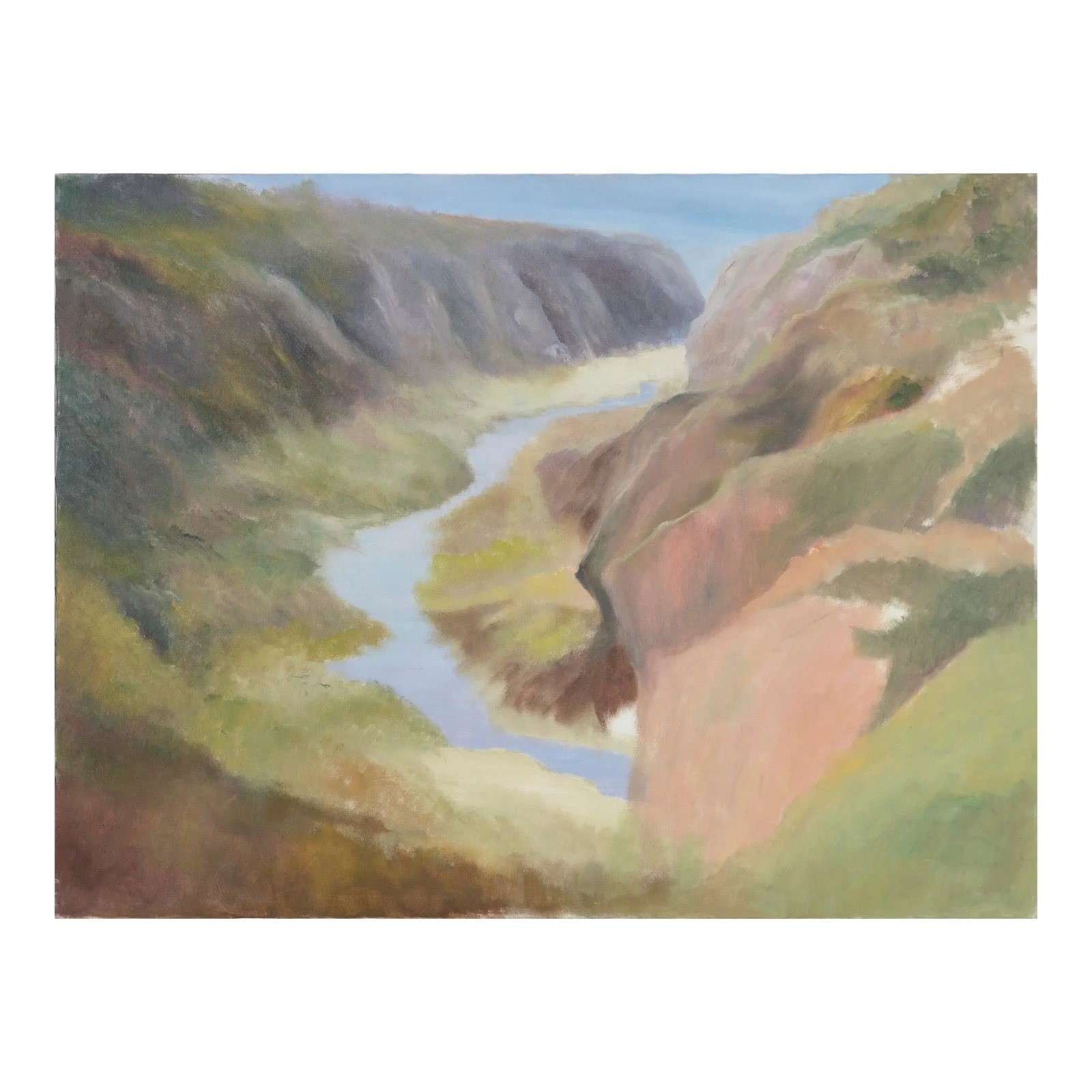 River Outlet in Big Sur, California Coastal Bluffs Landscape by Kenneth Lucas: Beautifully soft yet expansive landscape of a river winding through the coastal bluffs of Big Sur, California, by Ken Lucas (American, 20th Century). This piece was acquired from the Lucas estate,