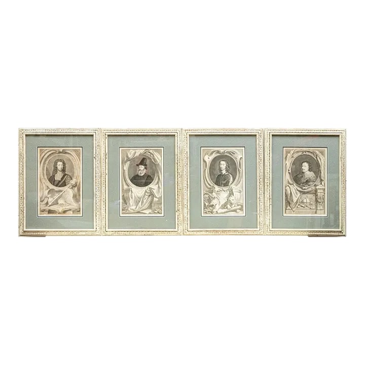 18th Century English Framed Original Antique Engraving - Set of 4: An exceptional set of four original antique European engravings from the mid-18th century. Presented in matching vintage distressed painted white wood frames with wire across the back for easy wall