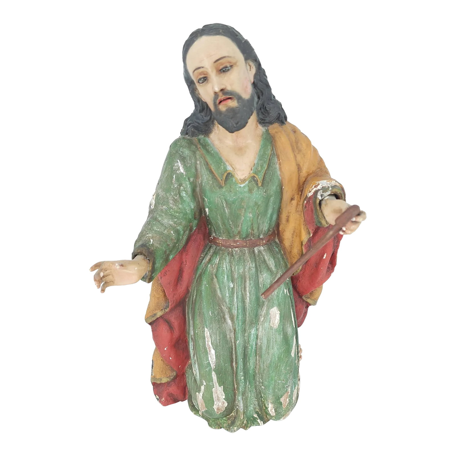 Late 18th Century Wood Jesus Polychrome Sculpture Hand Carved Religious Figure With Glass Eyes: An antique kneeling Jesus Christ that is hand carved from wood, with polychrome, glass eyes and a small wooden staff/ cane in his left hand. He is on his knees and looks as if he is speaking with God