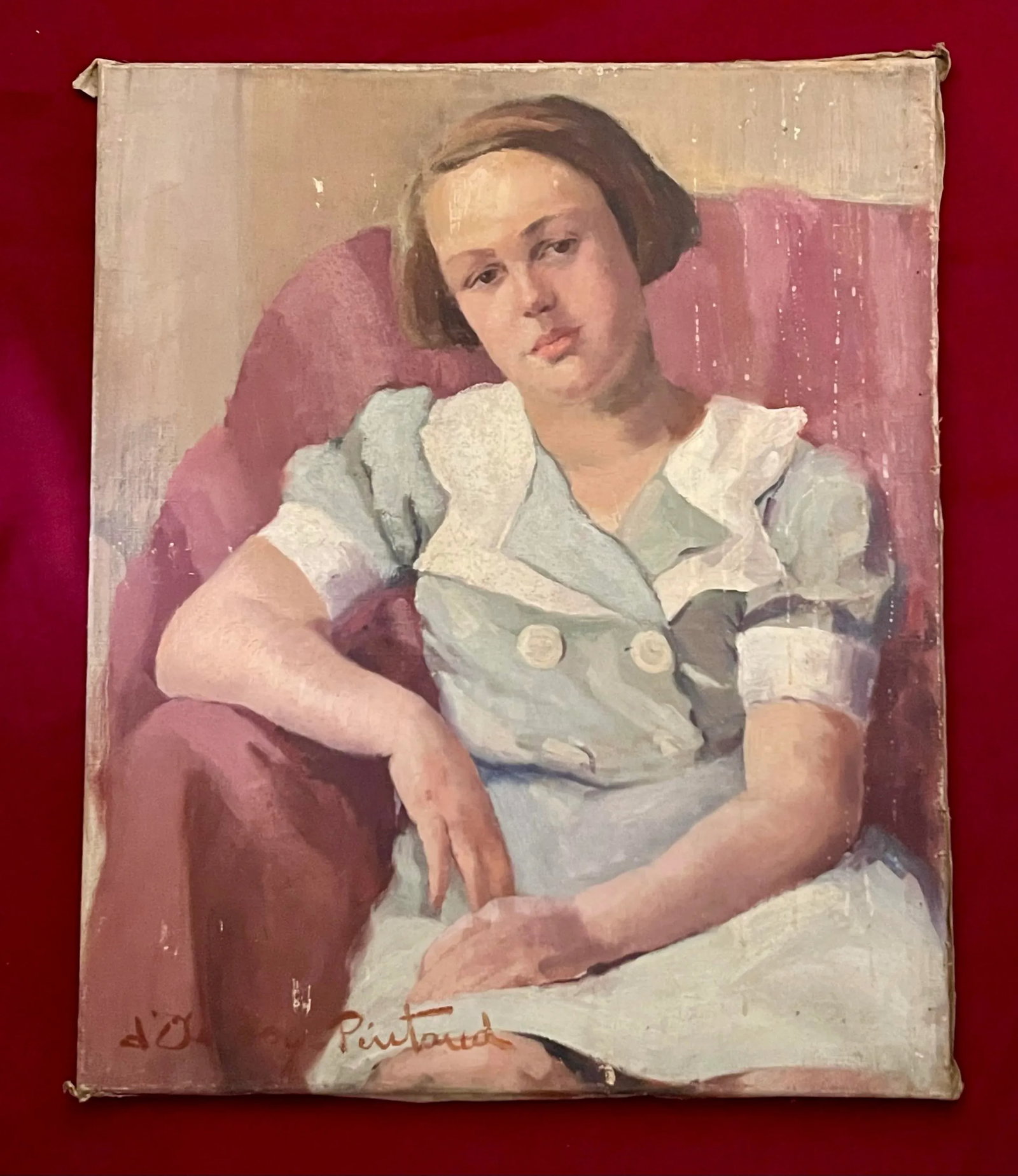Oil on Canvas Representing Young Girl on the Sofa Signed Louise d'Aussy Pintaud 1935 - 2