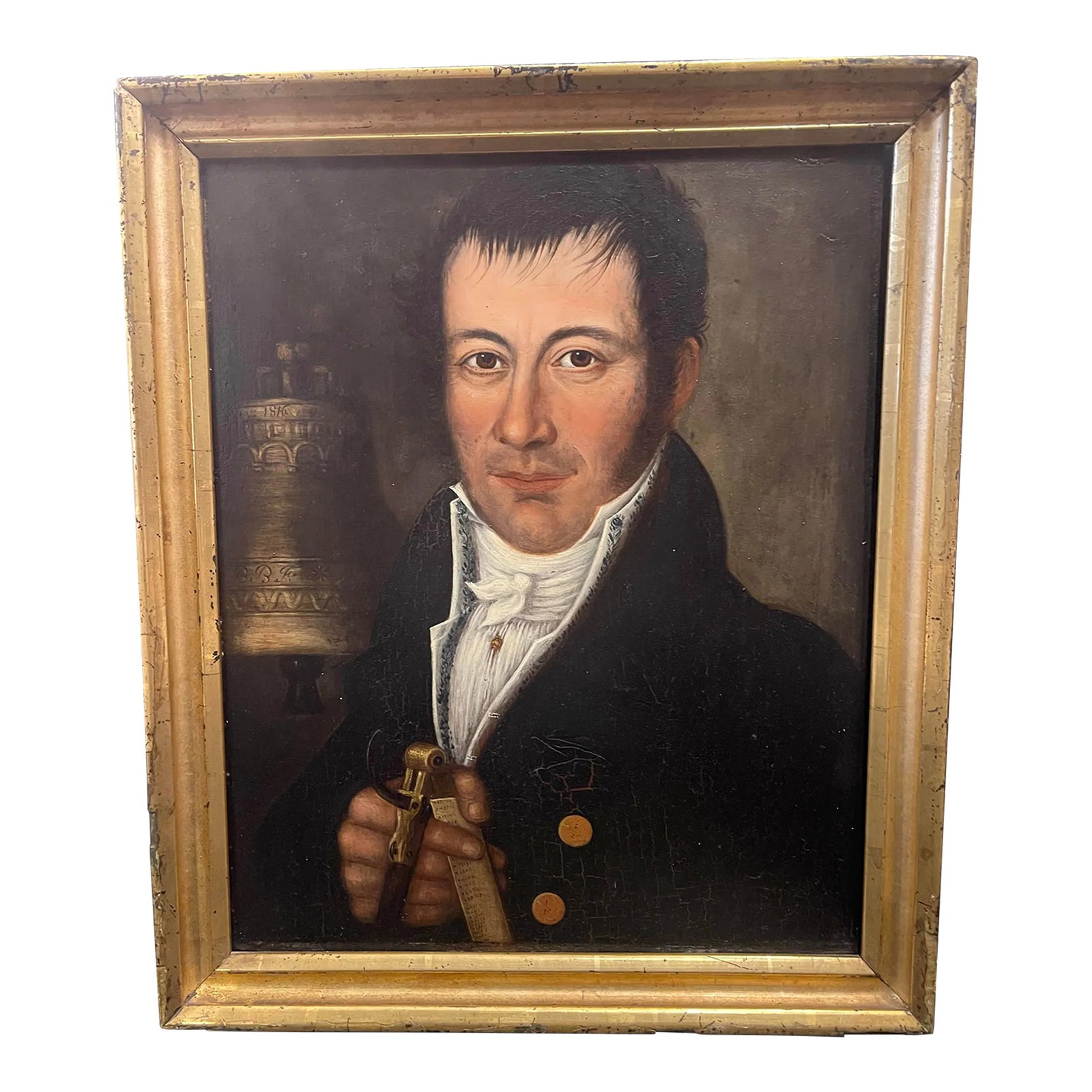 19th Century Painting Portrait of English Man Freemasonry 1816 Signed b.f: This oil on panel signed with the initials of B.F and dated 1816 is a rare testimony to Freemasonry. The portrait of this elegantly dressed frank-looking aristocrat firmly holds a compass. On its