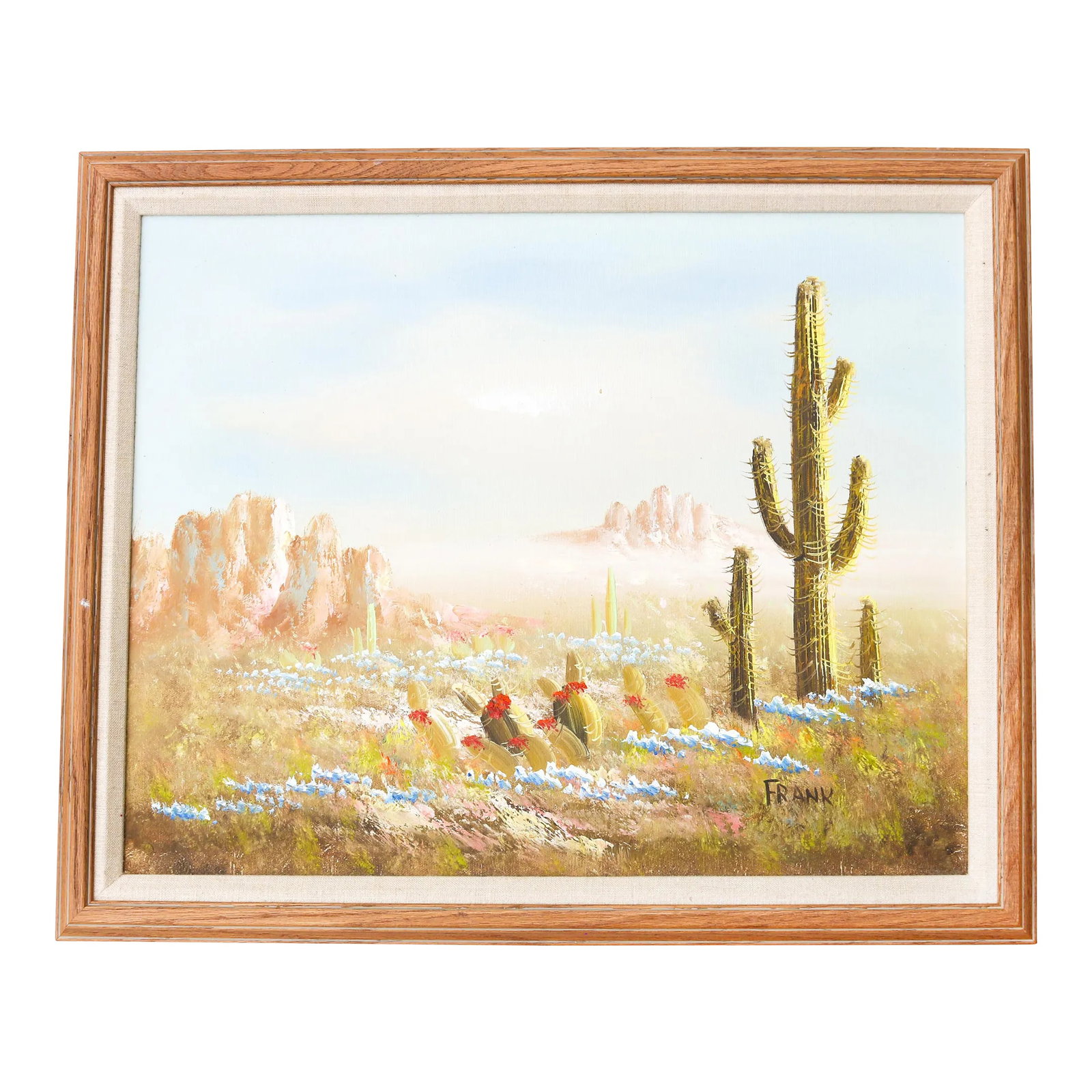 Vintage Framed Oil on Canvas Arizona Desert Southwest Landscape Painting: This wonderful painting represents a beauty of American Southwest. It is enclosed in a custom made wooden frame. Signed "Frank" in the right lower corner. Great condition with light signs of the age. 