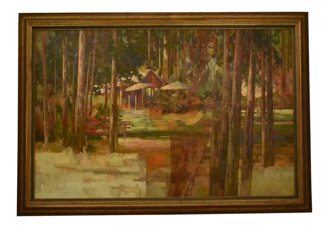 1970s Vintage Ervin Darai La Set Oil on Canvas Painting: Large and rare mid century oil on Canvas. Beautiful abstract/impressionist landscape scene with a guitar player that blends into the painting according to the way the light illuminates it. It is beaut