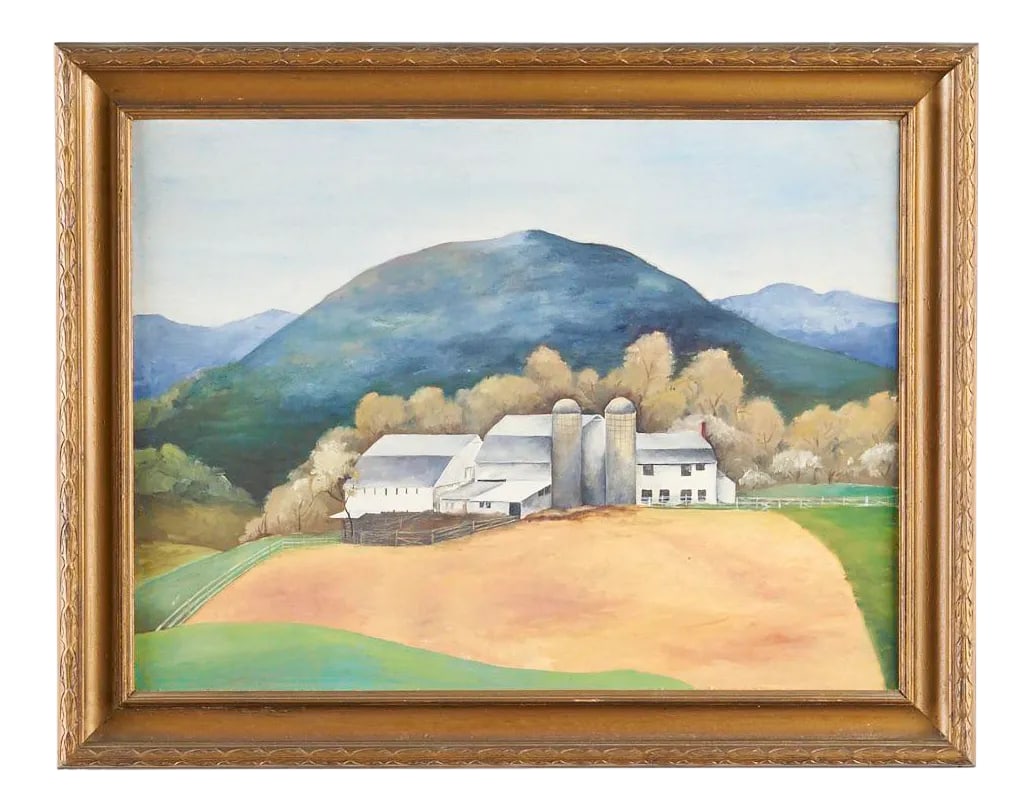 1940s Vintage Wpa Style Farmhouse in San Marcos Texas Painting: Vintage WPA style painting of a farmhouse in San Marcos Texas. Circa 1940s. Painted by Merry Kone Fitzpatrick. Purchased from family. Merry Kone Fitzpatrick or Merry Miller Fitzpatrick graduated from