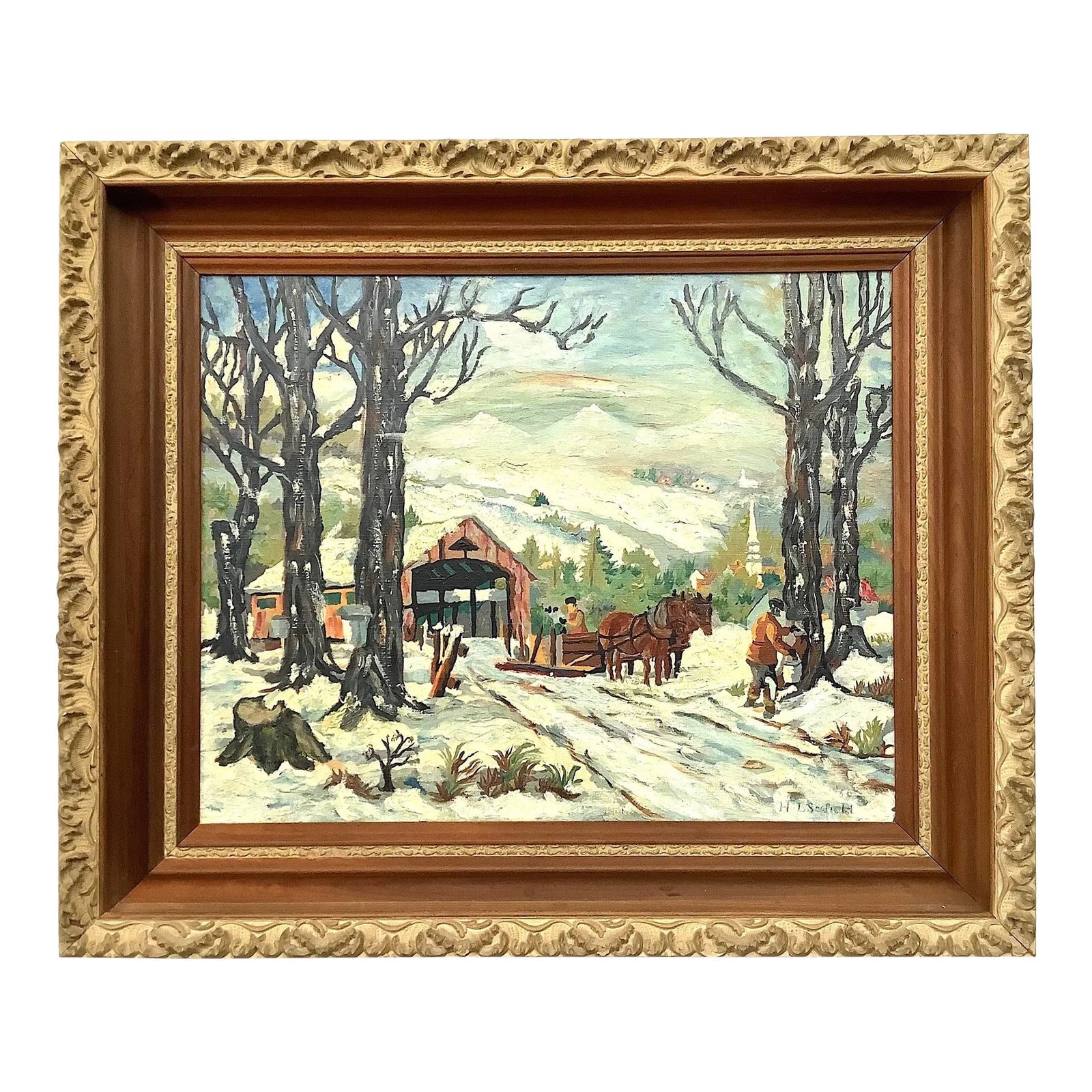 Dated 1956 Maple Sugaring Painting Oil on Board Original Frame: Signed on lower right "H I Scofield '56" wonderful maple sugaring painting, oil on board in original wood ornate deep frame, found in Vermont. Frame has a few chips out of decorative corners