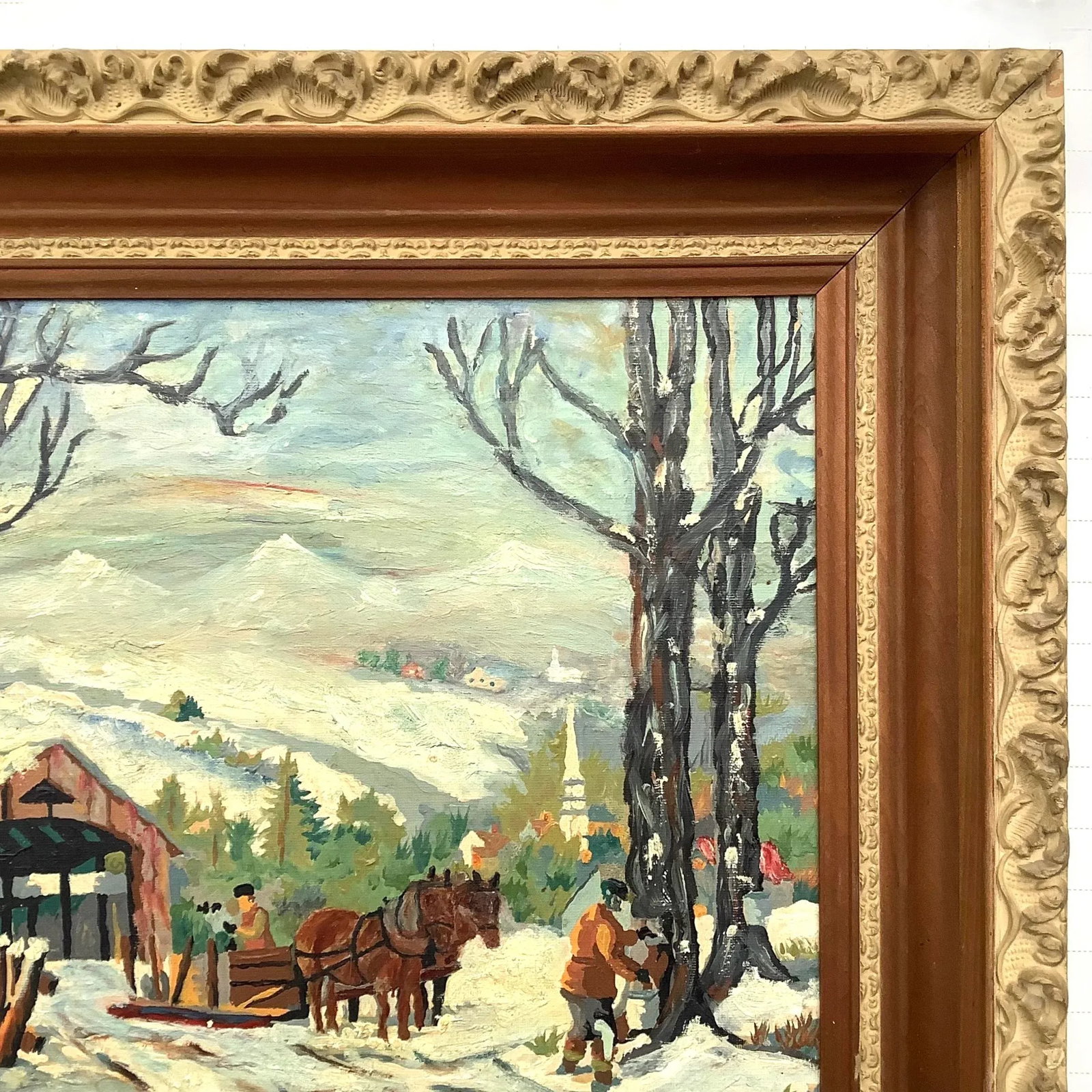 Dated 1956 Maple Sugaring Painting Oil on Board Original Frame - 3