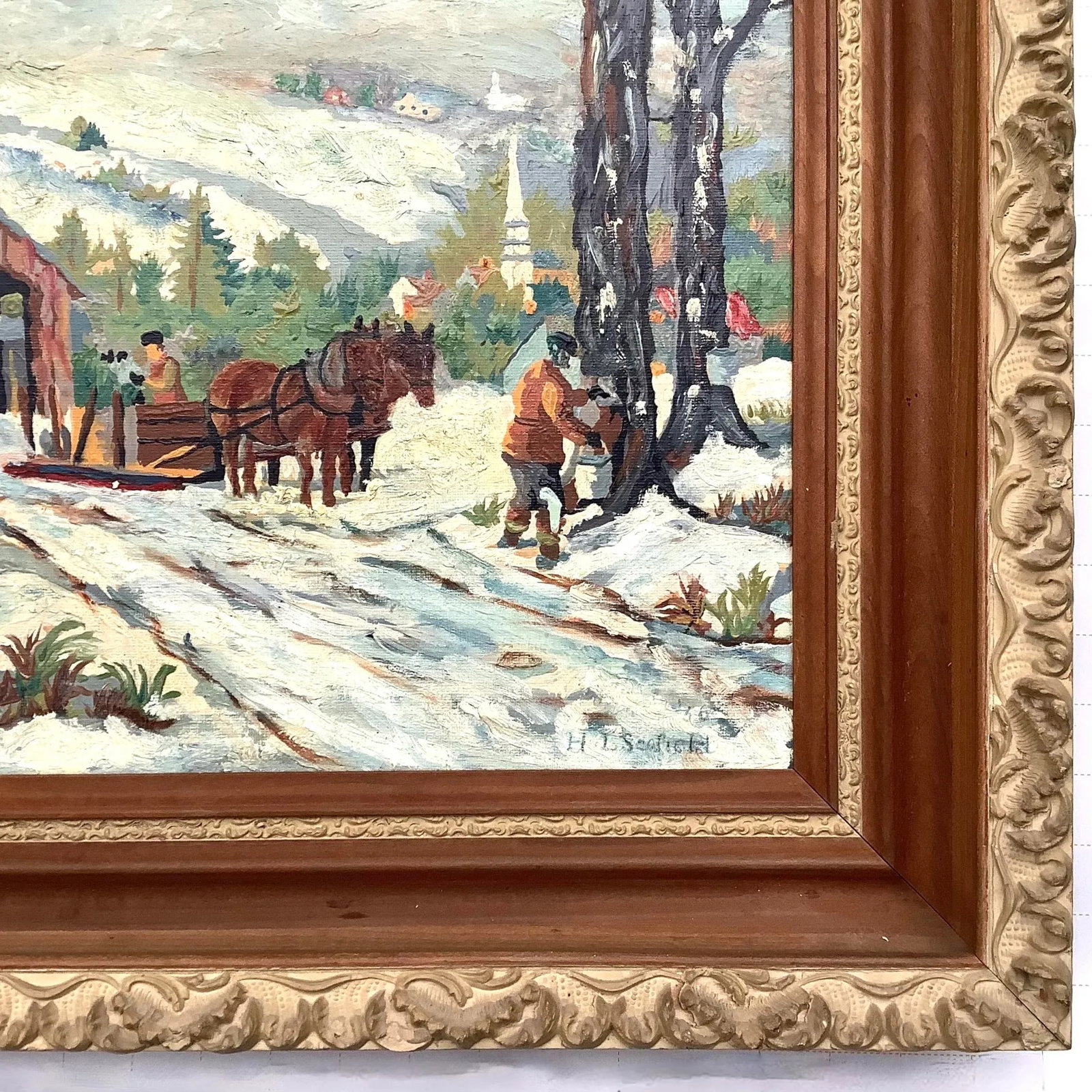 Dated 1956 Maple Sugaring Painting Oil on Board Original Frame - 5
