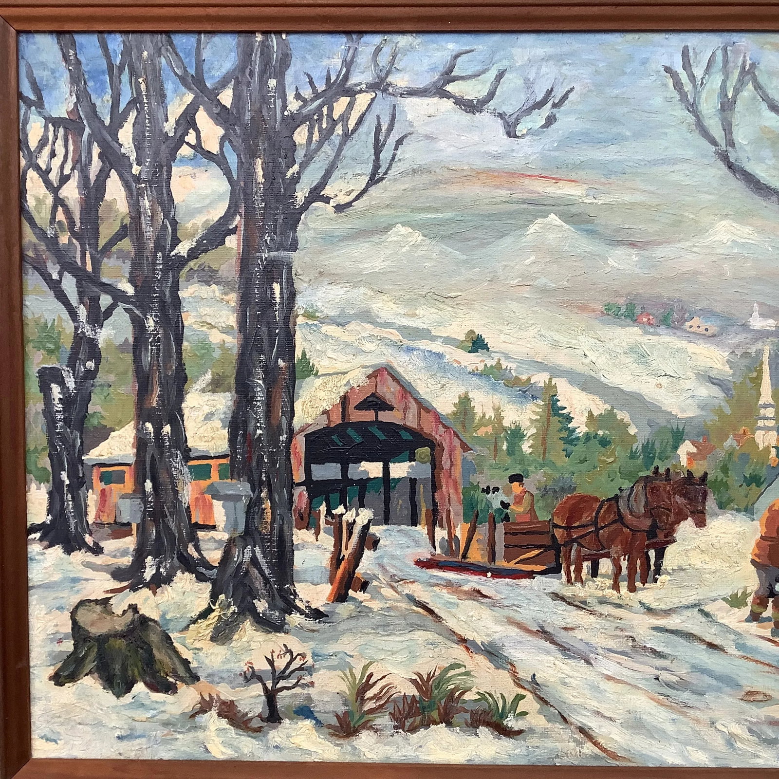 Dated 1956 Maple Sugaring Painting Oil on Board Original Frame - 6