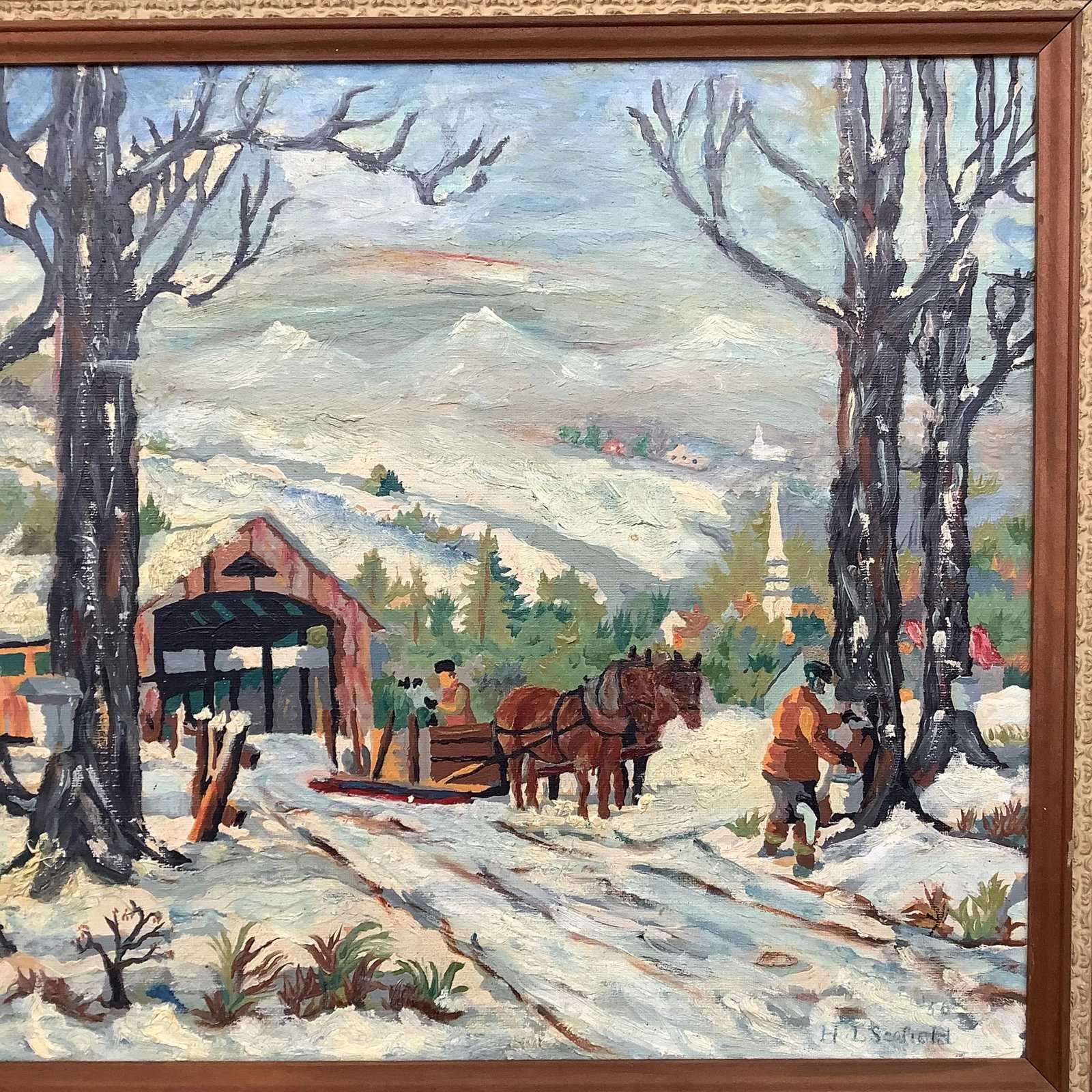 Dated 1956 Maple Sugaring Painting Oil on Board Original Frame - 7