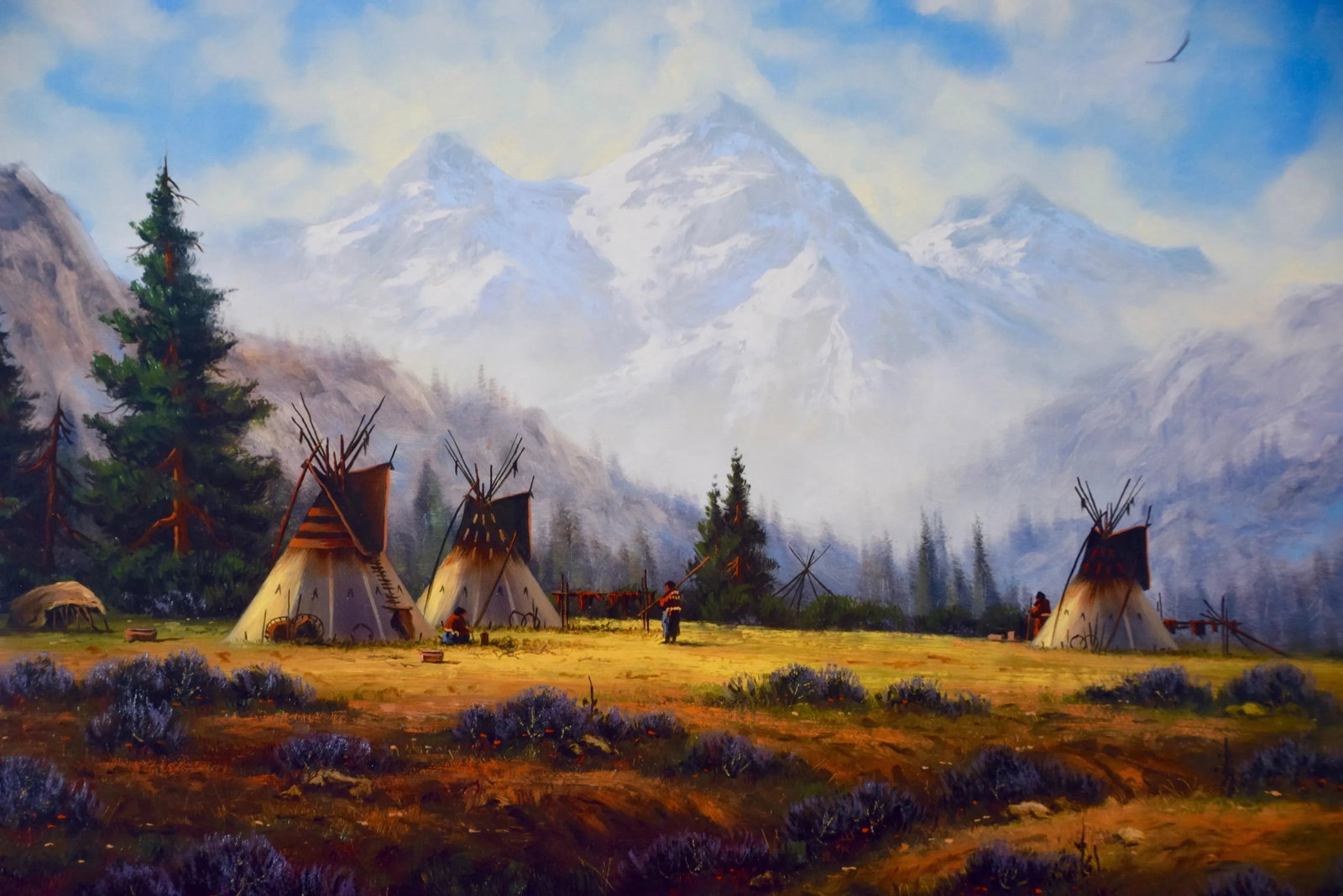 Native American Encampment in a Valley, Limited Edition Hartwig Signed Print - 2