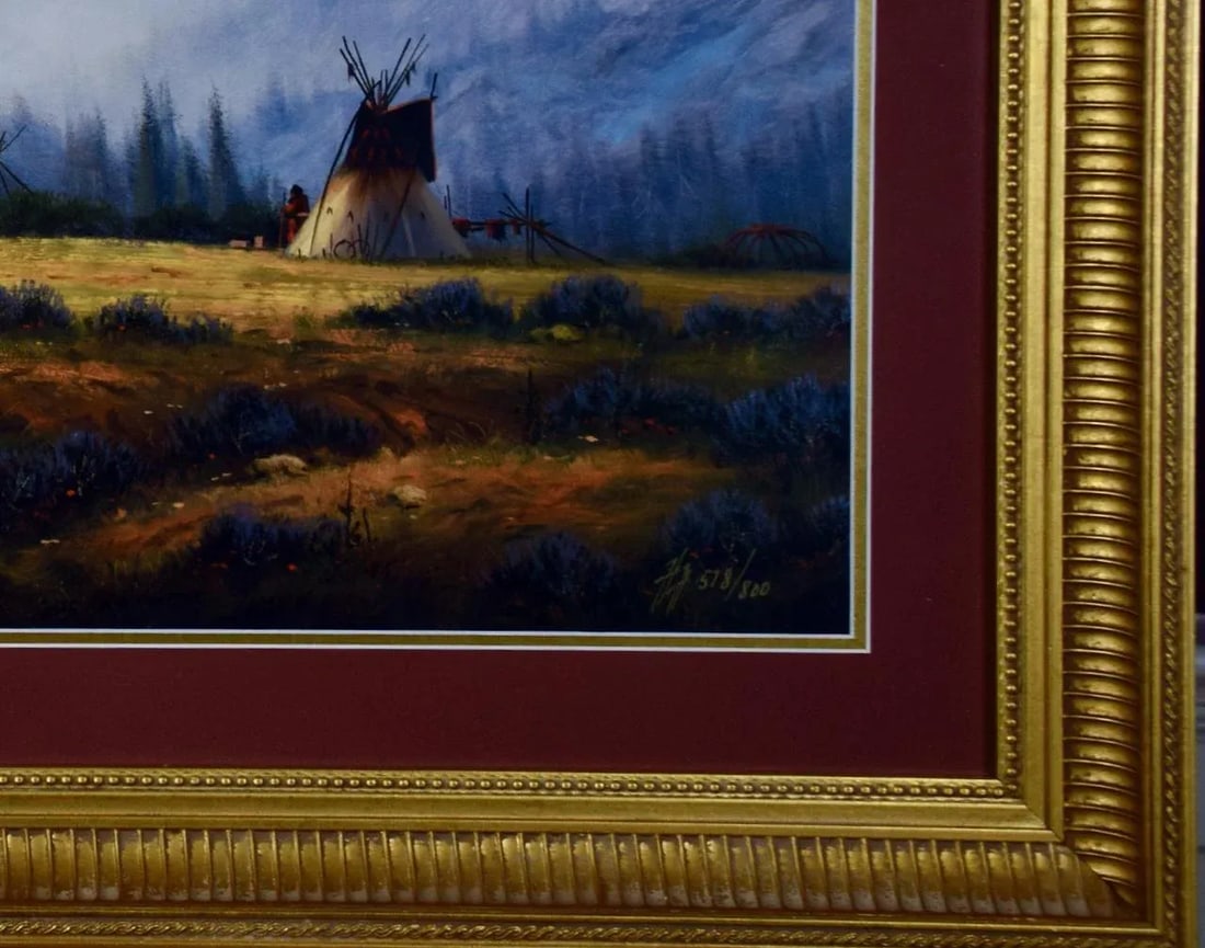 Native American Encampment in a Valley, Limited Edition Hartwig Signed Print - 6