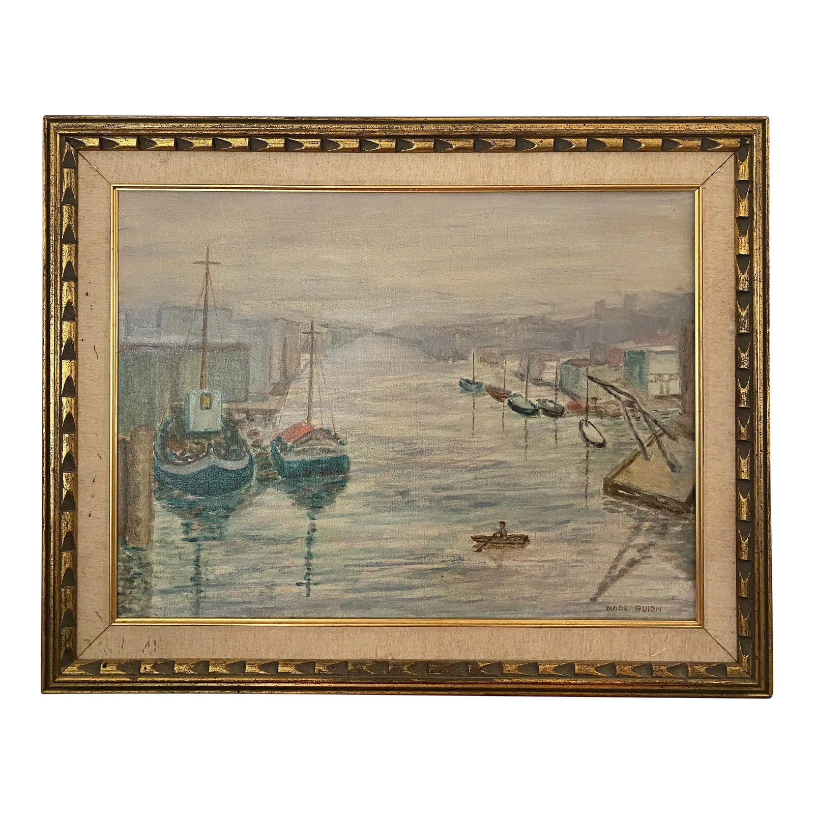 Mid Century Painting, El Riochuelo: Mid Century Oil Painting of El Riochuelo by Wade Guion. This is a very subdued pastel coloration of the river with boats near the banks. It is a misty day and the painting shows a lone boater on the