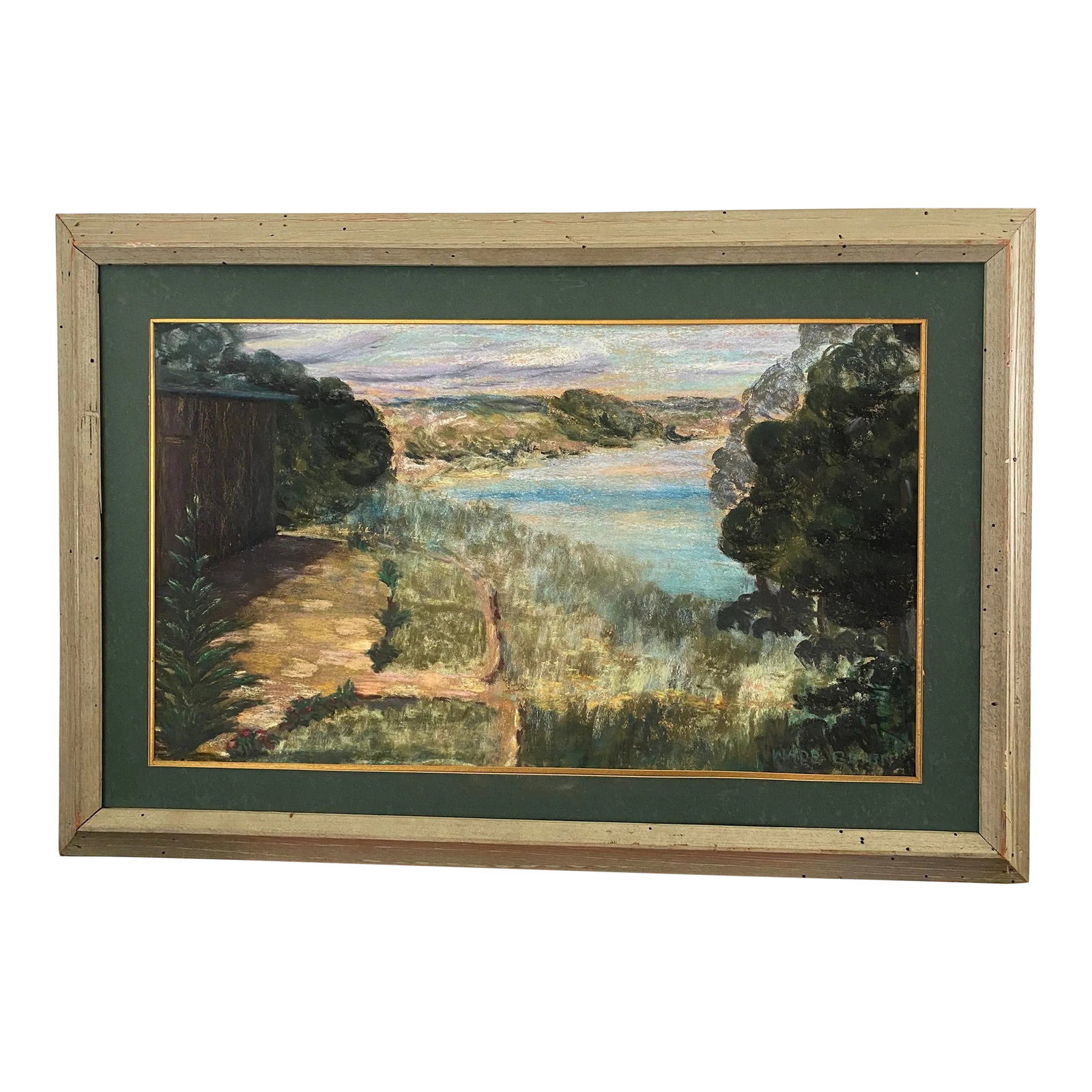 Mid Century Painting of River Bank: Mid Century Oil Painting of wooded riverbank by Wade Guion. There is a small cabin in the lower left with limestone steps from the Texas Hill Country with a vista toward the winding river. The sky is