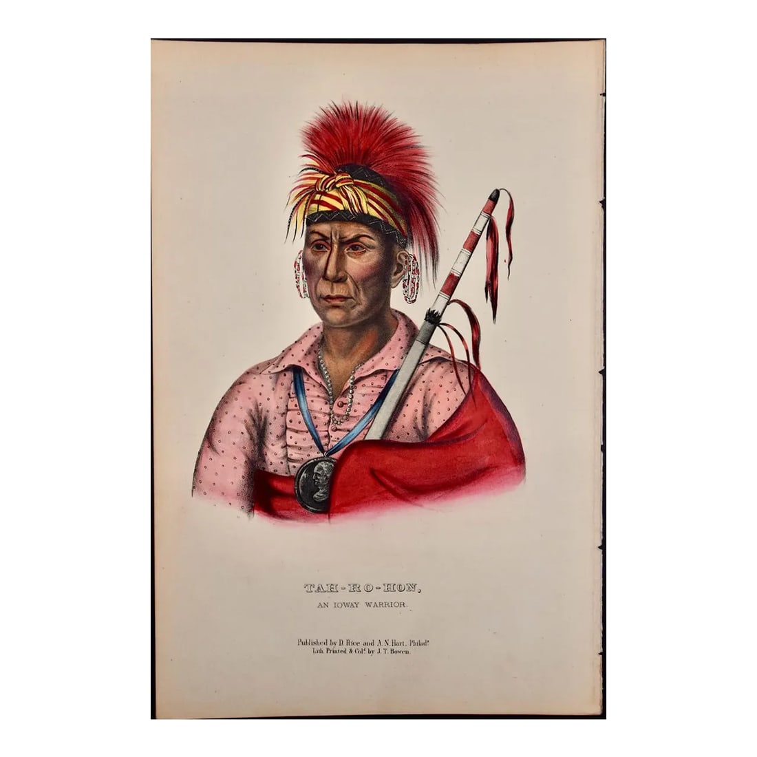 Tah-Ro-Hon, an Ioway Warrior: Original Hand-Colored McKenney & Hall Lithograph, 1848: This is an original 19th century hand-colored McKenney and Hall lithograph of a Native American entitled "Tah-Ro-Hon, An Ioway Warrior", lithographed by J. T. Bowen after a painting by Charles Bird Ki