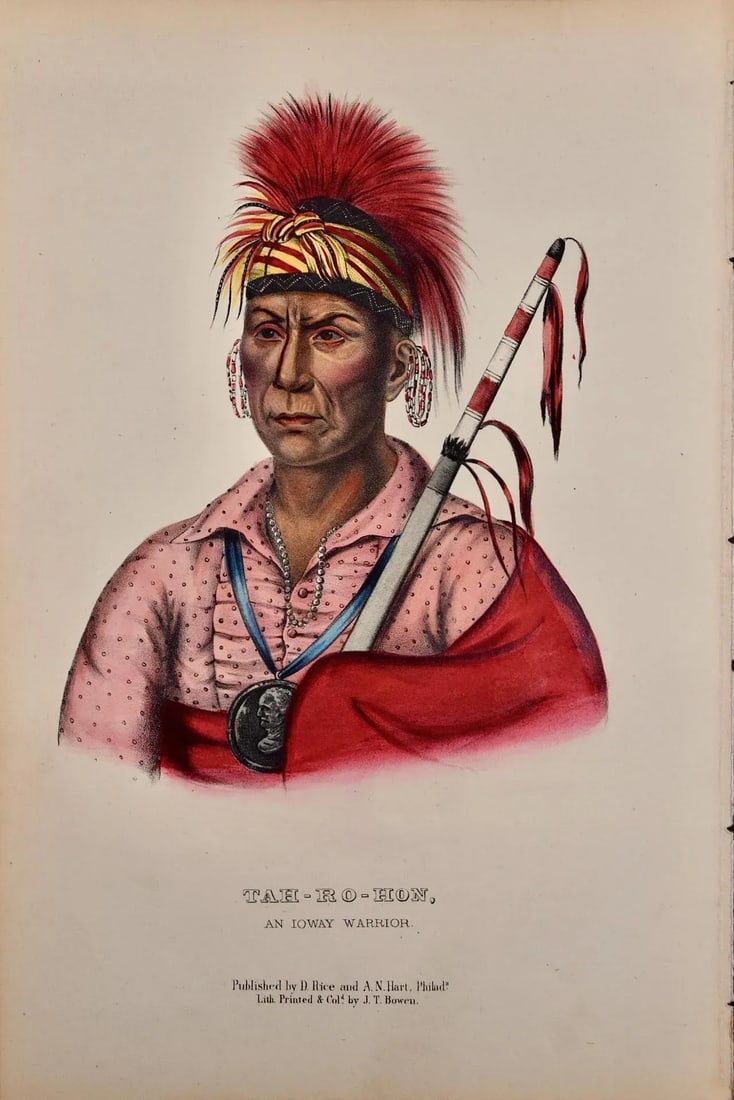 Tah-Ro-Hon, an Ioway Warrior: Original Hand-Colored McKenney & Hall Lithograph, 1848 - 2