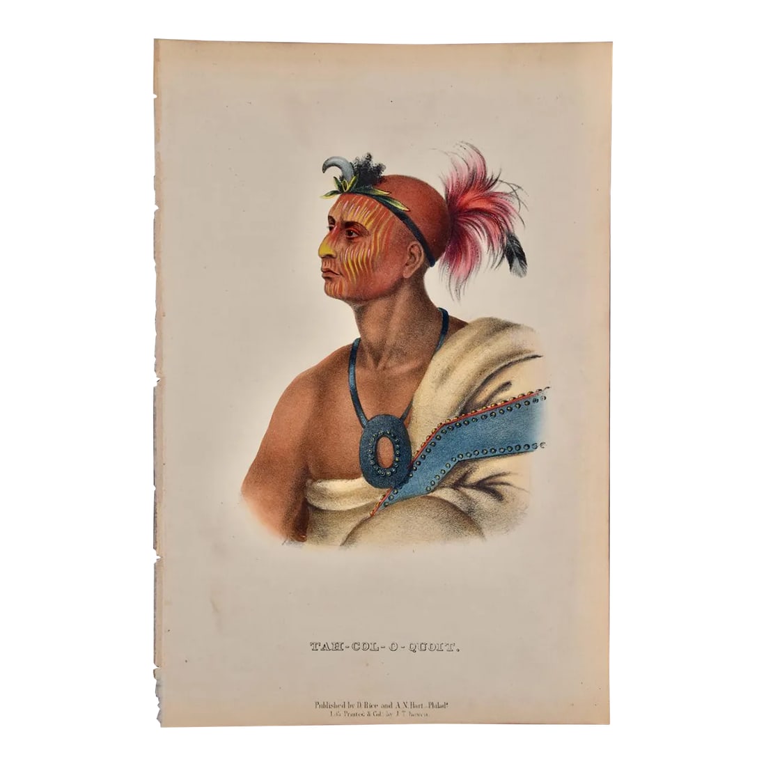 Tah-Col-O-Quoit: Original 19th Century Hand-Colored McKenney & Hall Lithograph, 1848: This is an original 19th century hand-colored McKenney and Hall lithograph of a Native American entitled "Tah-Col-O-Quoit", lithographed by J. T. Bowen after a painting by Charles Bird King and publis