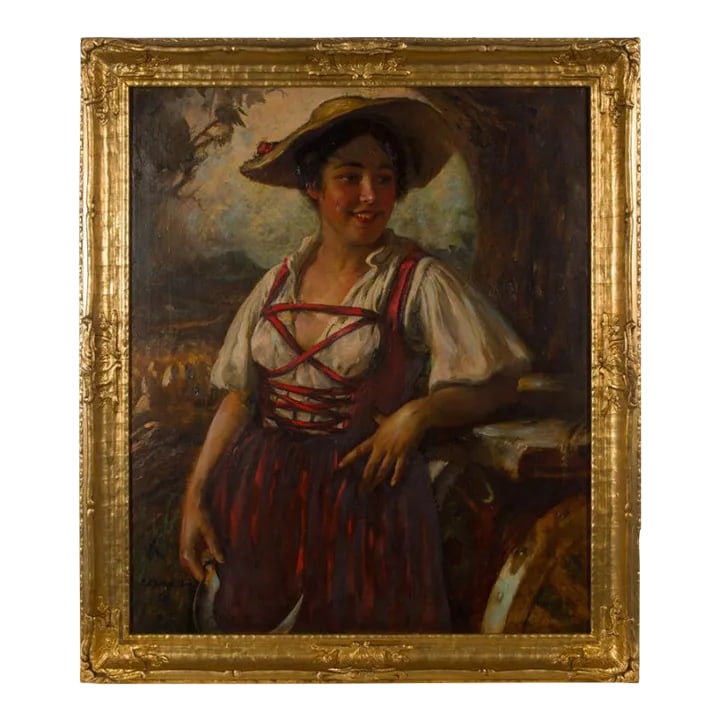 Carl Kricheldorf (1863-1934) - Late 19th Century Oil, Rural Woman: A fine 19th Century scene in oil, a portrait of a rural woman holding a sickle. The frame is carved wood wthe gold-tone gesso. On the back is is a foil label of J. O. Krumbholz Fine Art, Milwaukee,