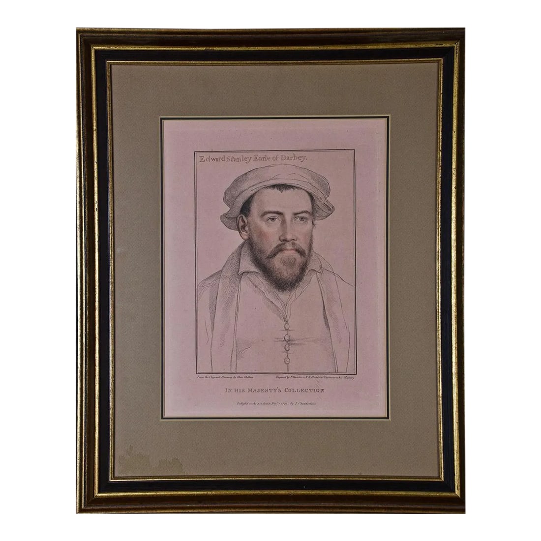 18th C. Portrait of Edward Stanley From Henry VIII's Court After Holbein Drawing, 1793: This is an 18th century engraved portrait of "Edward Stanley" created by Francesco Bartolozzi (1728-1815), after a drawing by Hans Holbein the Younger (1497- 1543) in the 16th century. Holbein was the