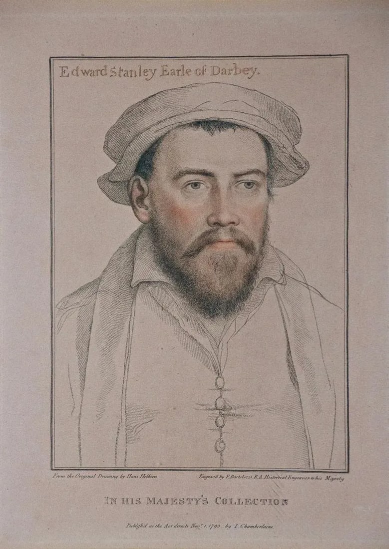 18th C. Portrait of Edward Stanley From Henry VIII's Court After Holbein Drawing, 1793 - 2