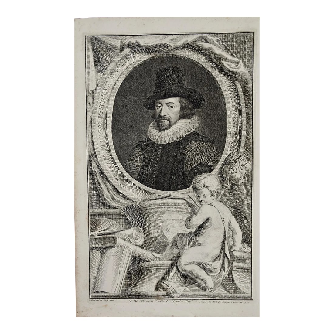 Sir Francis Bacon: 18th C. Portrait of Philosopher, Scientist, Author, Statesman, 1738: This is an 18th century copperplate engraved portrait of Sir Francis Bacon, Viscount St. Albans, Lord Chancellor by Jacobus Houbraken in 1738 after a painting by Sir Godfrey Kneller, from "The Heads