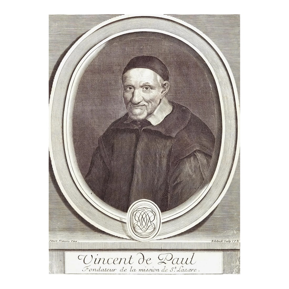 Vincent De Paul Portrait: 17th C. Engraving by Edelinck in Perrault's Les Hommes, 1696: This is a 17th century portrait engraving of Saint Vincent de Paul by Gerard Edelinck (1640-1707) after a painting by Simon Francois (1606-1671), published in Charles Perrault's 'Les Hommes