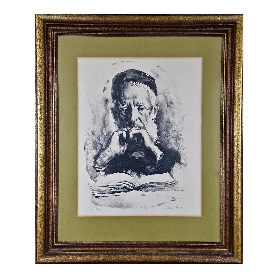 Limited Ed. Etching of a Scholar, Possibly a Cleric, with a Book in Deep Thought, 20th Century: This is a large framed limited edition etching depicting an older white haired bearded scholar, possibly a cleric, with a hat, sitting with a book, but deep in thought. It is eligibly signed in pencil