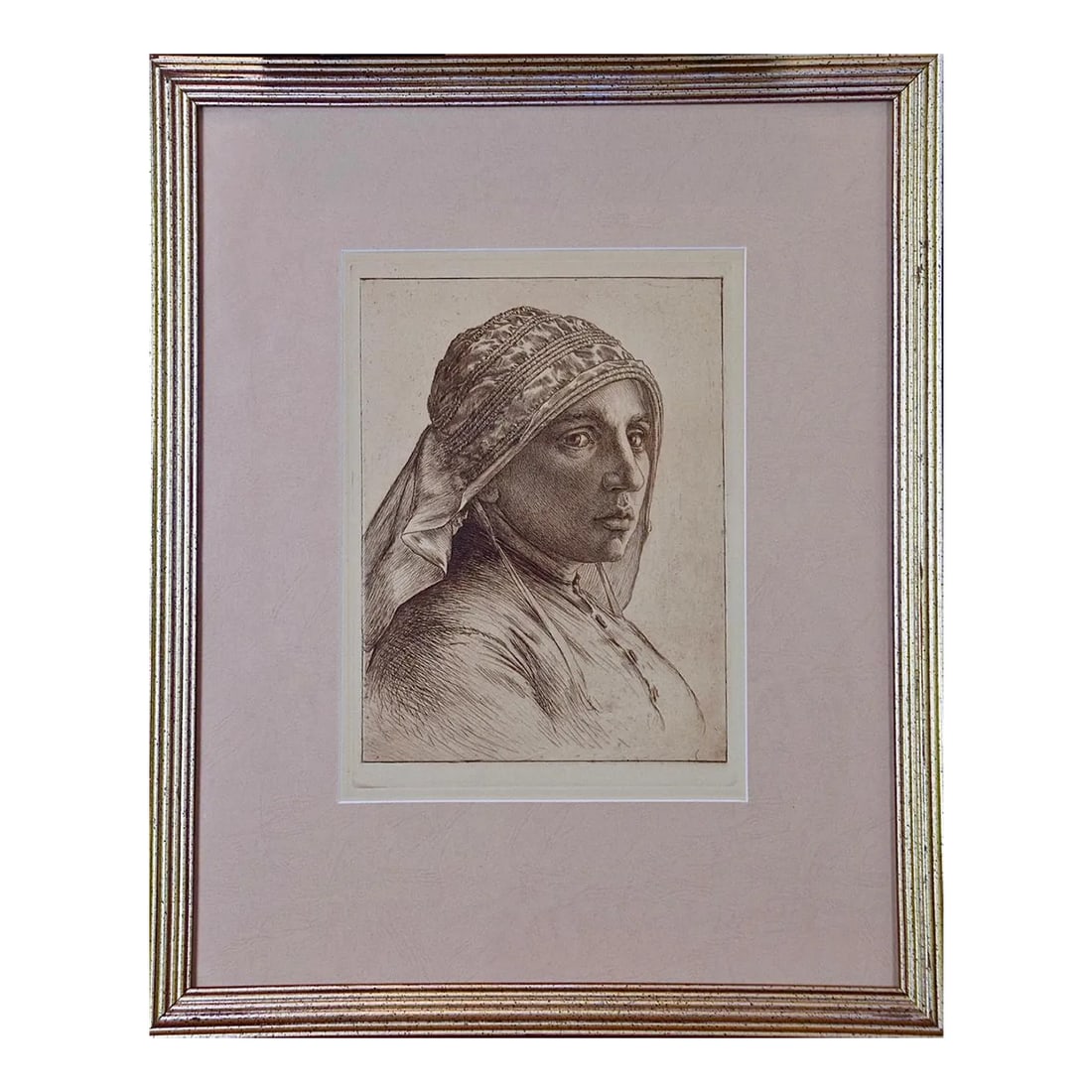 A Portrait of a Pensive Woman in a Head Scarf: An Etching by George Rhead, 1890-1910: This is an etched portrait of a pensive woman wearing a detailed cloth head scarf by George Woolliscroft Rhead (1854-1920). It may be entitled "A Fisher Wife", but this can not be confirmed. The artis