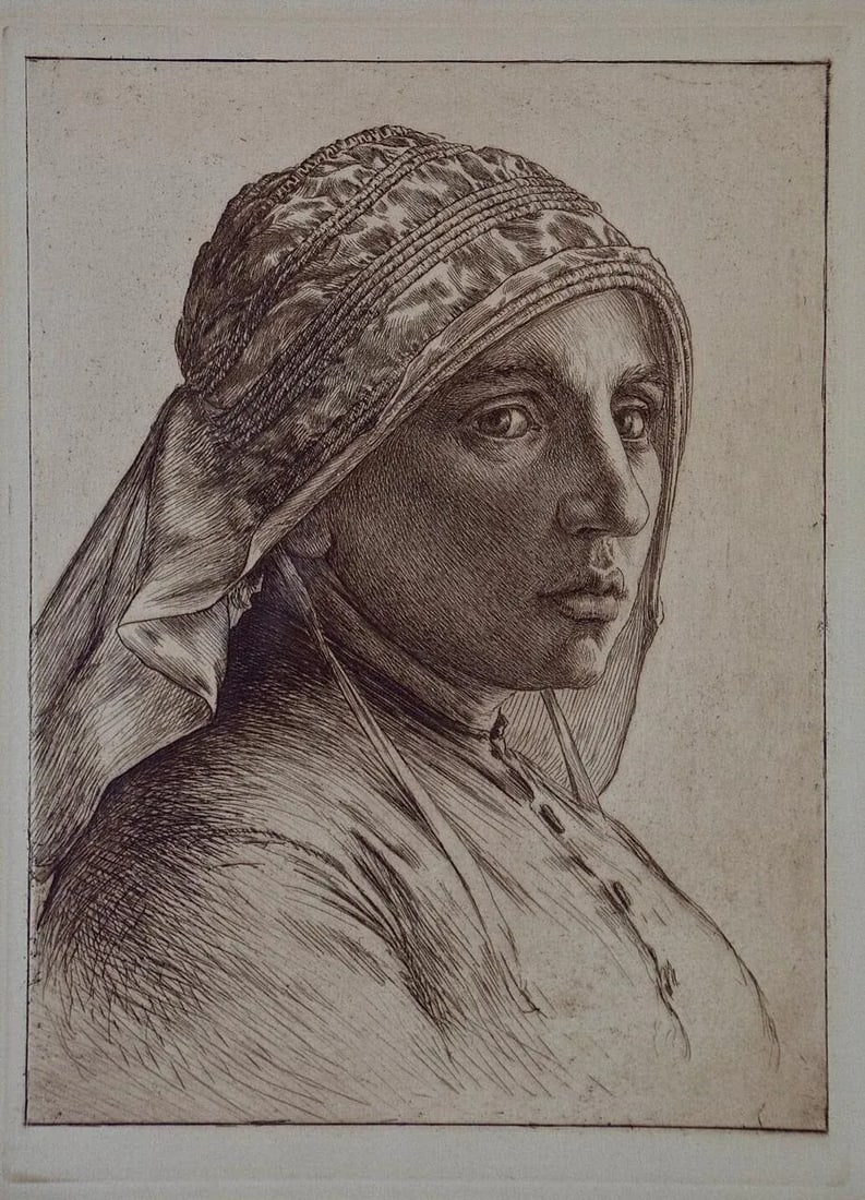 A Portrait of a Pensive Woman in a Head Scarf: An Etching by George Rhead, 1890-1910 - 2