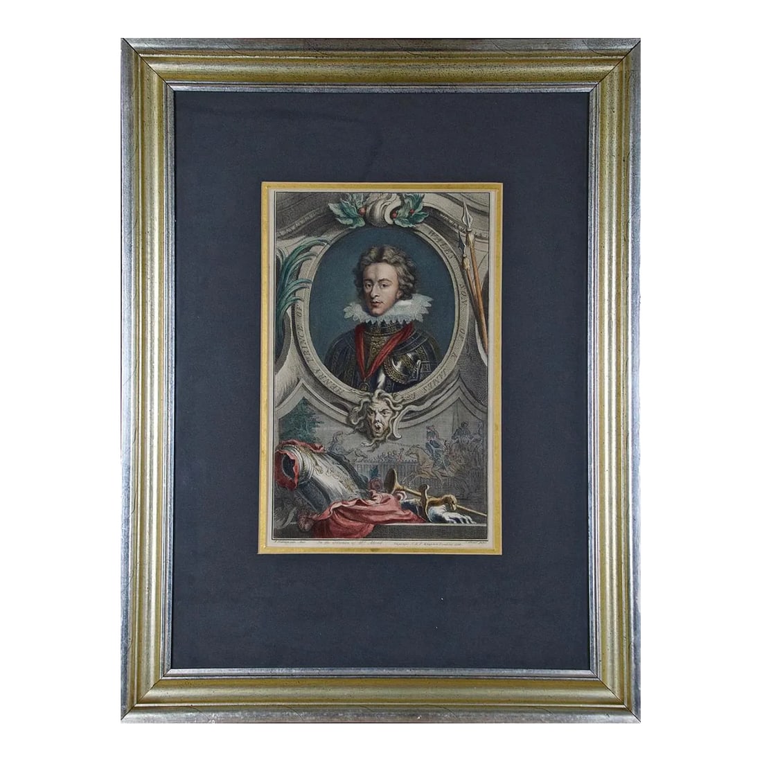 Henry, Prince of Wales, Son of James: A Hand-Colored Houbraken Portrait, 1738: A hand-colored portrait of Henry Prince of Wales, Son of James, engraved and etched by the Dutch master of portraits Jacobus Houbraken (1698-1780) after a painting by Isaac Oliver (1565-1617), who