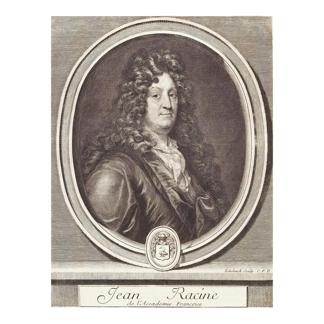 Jean Racine Portrait: 17th C. Engraving by Edelinck in Perrault's Les Hommes, 1696: This is a 17th century portrait engraving of Jean-Baptiste Racine by Gerard Edelinck (1640-1707), published in Charles Perrault's 'Les Hommes Illustres' in Paris in 1696. Jean Racine (1639-1699) was