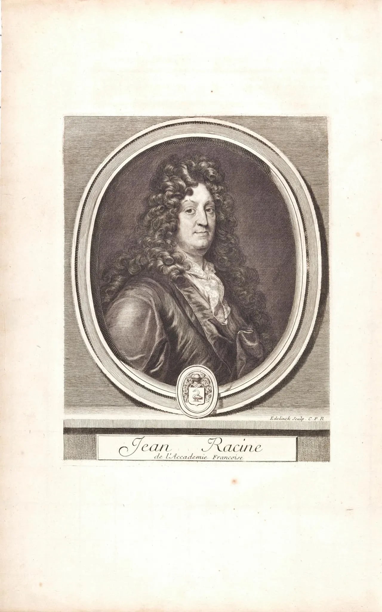 Jean Racine Portrait: 17th C. Engraving by Edelinck in Perrault's Les Hommes, 1696 - 2
