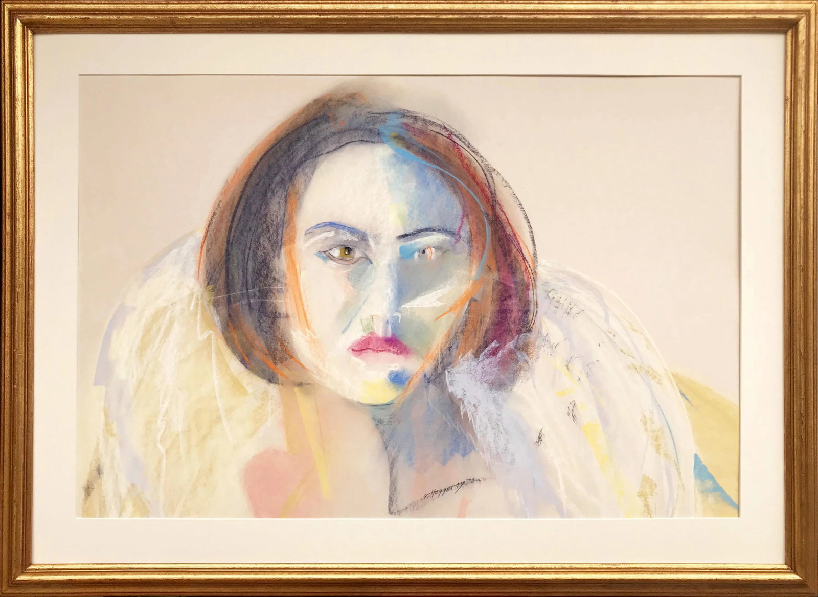 Vintage Expressionist Pastel Portrait of a Woman by Gerard Haggerty: Vintage expressionist pastel portrait of a glamorous, fashionable woman in a feather boa or collar. Presented matted and in a gilt wood frame, signed lower center. Image size: 19 x 29", overall