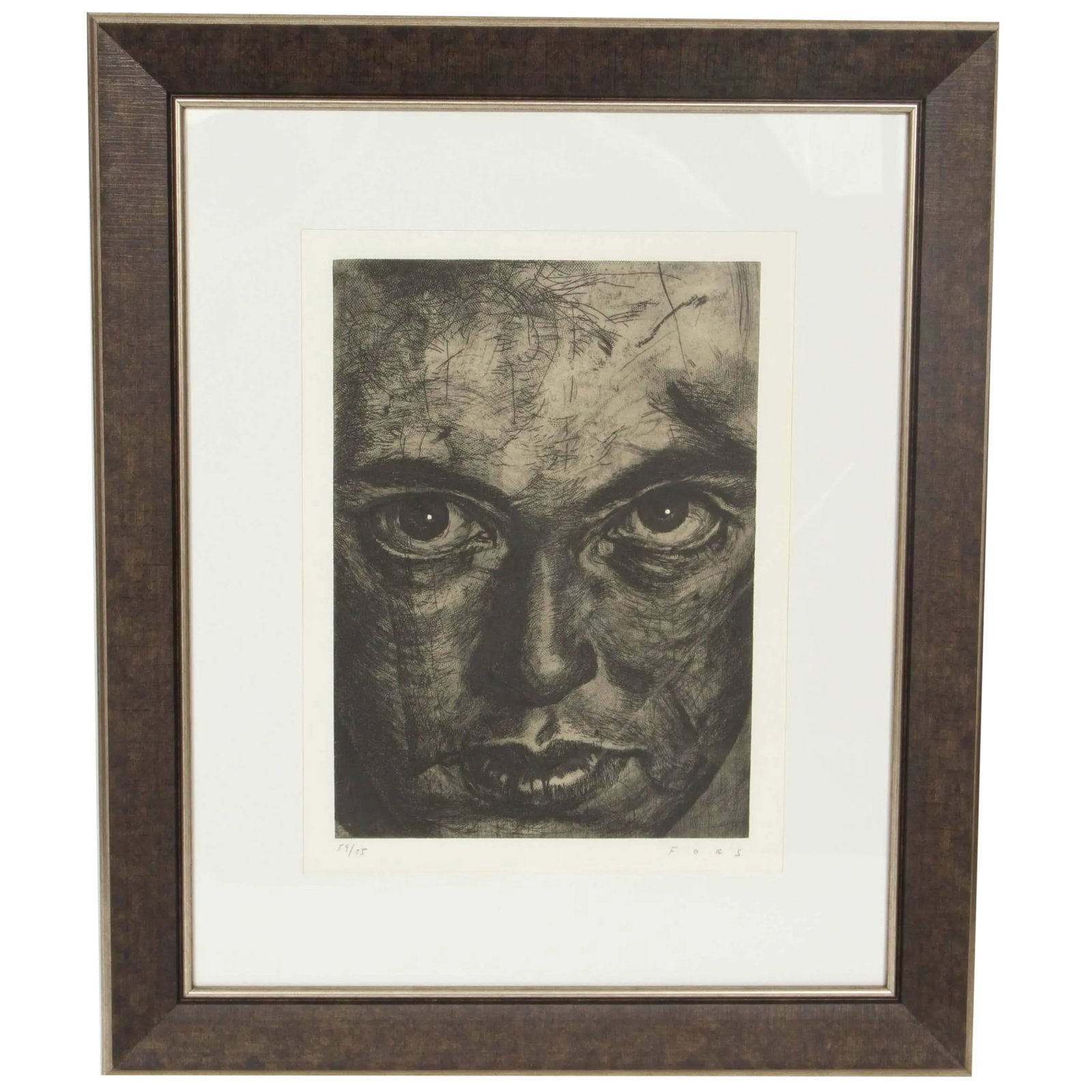 Etching by Artist Jose Manuel Fors: Newly framed self portrait intaglio etching by Cuban artist Jose Manuel Fors. Condition: Alterations: Original Condition Unaltered Imperfections: Some Imperfections Condition Notes: Excellent