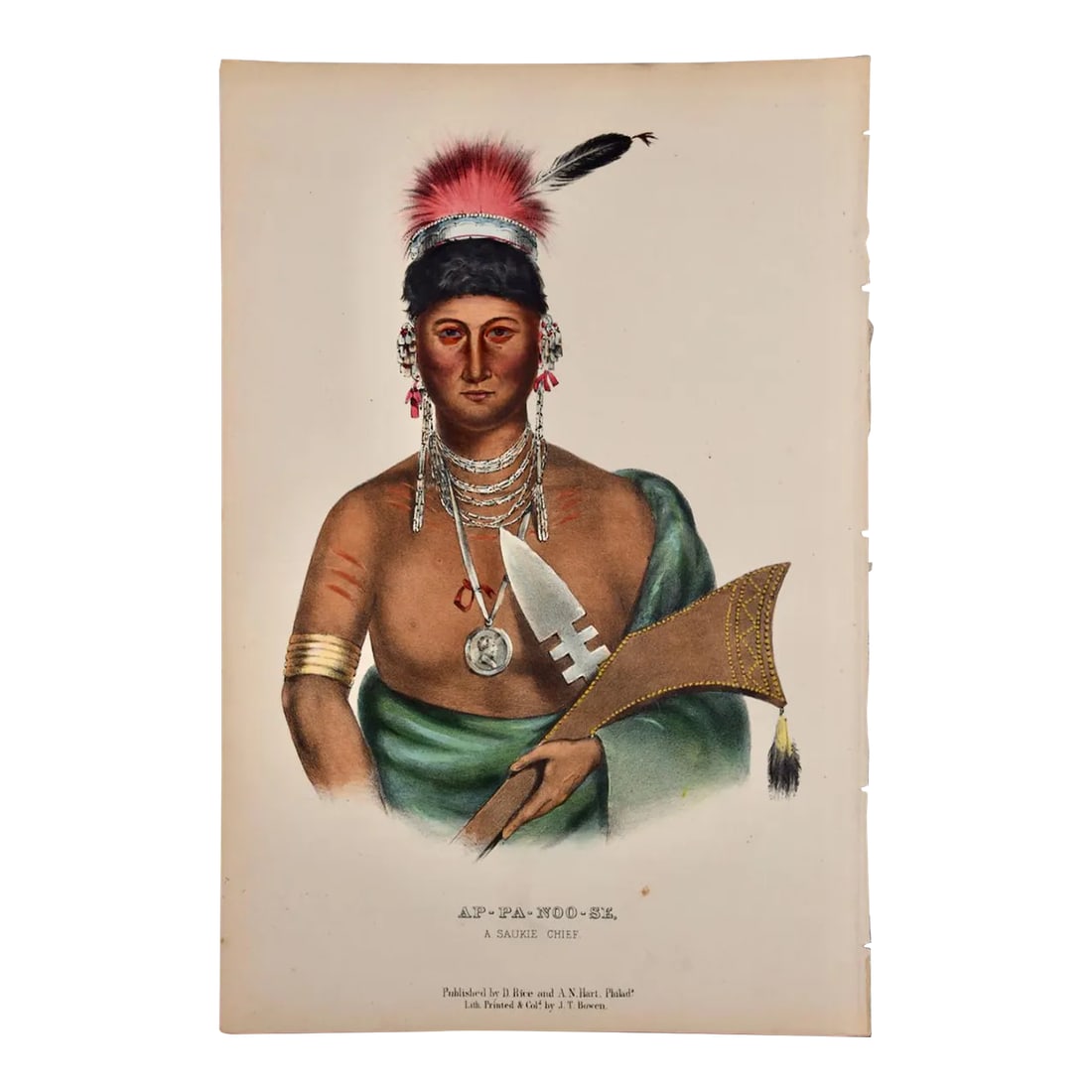 Ap-Pa-Noo-Se, a Saukie Chief: Original Hand-Colored McKenney & Hall Lithograph, 1848: This is an original 19th century hand-colored McKenney and Hall lithograph of a Native American entitled "Ap-Pa-Noo-Se, A Saukie Chief", lithographed by J. T. Bowen after a painting by Charles Bird Ki