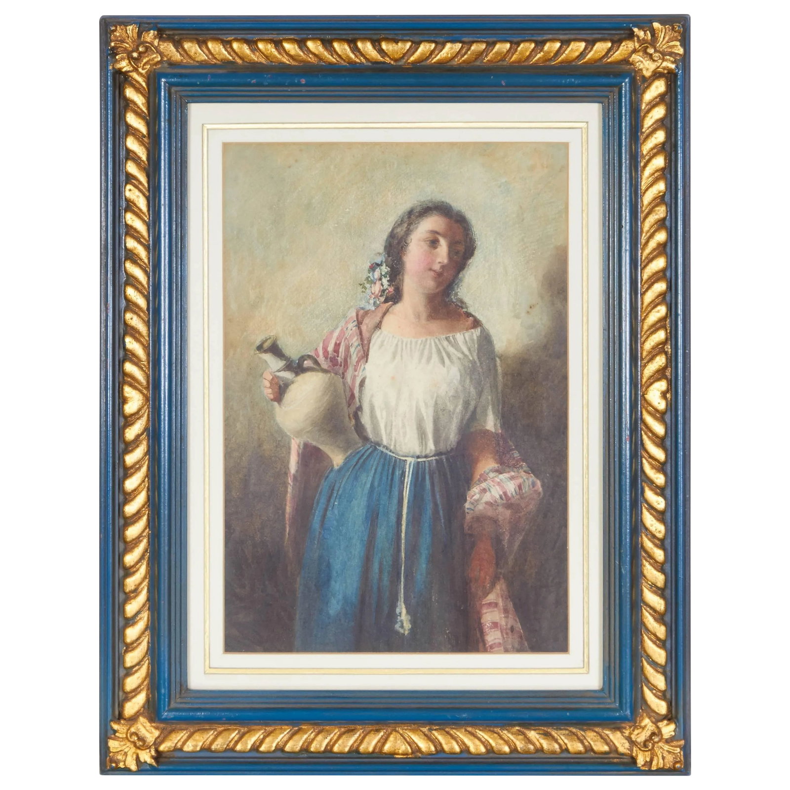 Young Woman With Jug and Shawl by Arturo Faldi: A romantic gouache water color of a young woman with jug and shawl by Italian 19th century painter Arturo Faldi (1956-1911). Measures: As shown with frame 16" wide and 21" tall. Condition:
