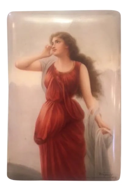 German Hutschenreuther Painting on Porcelain Signed by Wagner: A beautiful hand painted detailed and high quality Hutschenreuther Continental Porcelain plaque of the Greek Goddess Echo after the artist Meinelt, walking the rocky landscape with the sky visible abo
