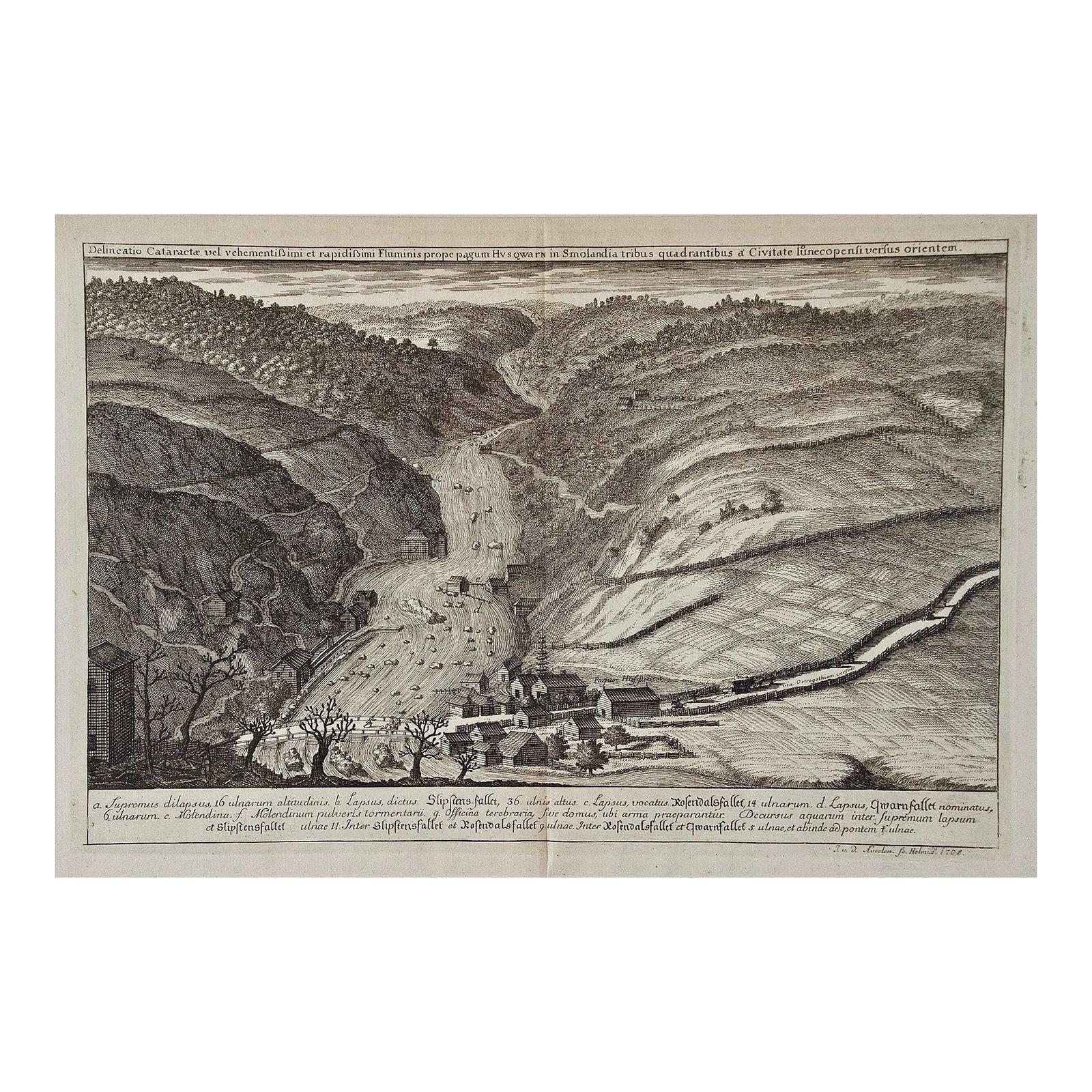 An Antique Engraved View of "Waterfalls in Smoland", Sweden by Erik Dahlberg , 1705: This is an antique engraved view entitled "Delineatio Cataractae" (Waterfalls in Smoland), Sweden in 1705 from "Sueciae Antiquae et Hodiernae"' published in Stockholm by Erik Dahlberg (1625-1703).