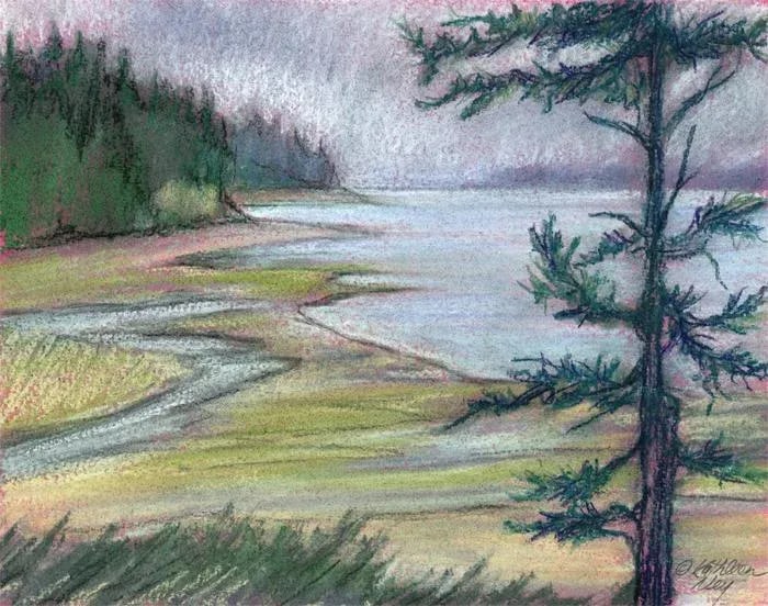 "Bluff View" Contemporary Original Impressionist Landscape Pastel Drawing by Kathleen Ney: Plein air landscape pastel painting drawn from a bluff above the beach. High quality soft and hard pastels on 8" x 10" prepared watercolor paper. Would be nice in a grouping with some of the other