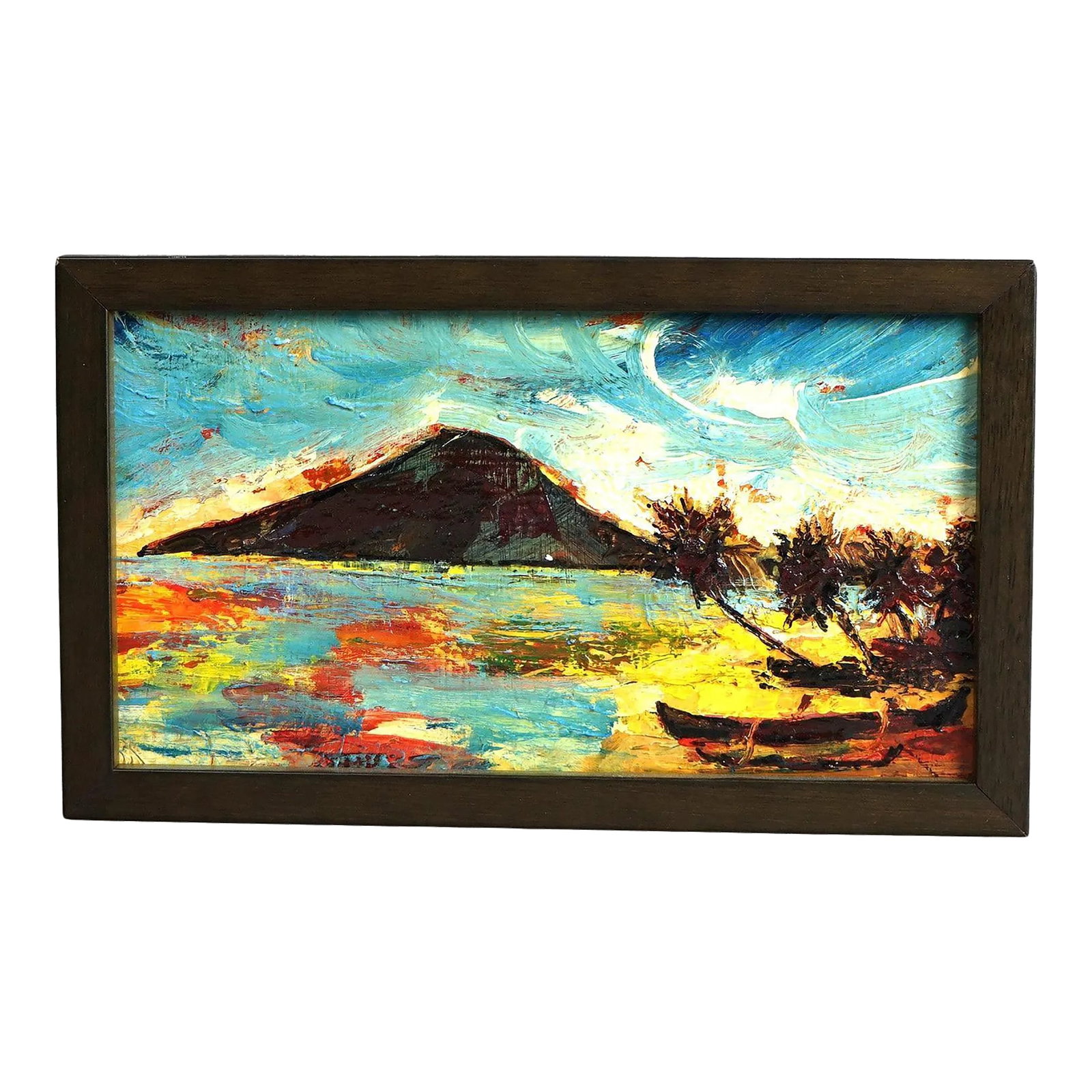 Impressionist Oil Painting Oil on Panel Tahitian Tropical Landscape 20th Century, Framed: Impressionist Oil Painting Oil on Panel Tahitian Tropical Landscape with Mountain, Boat and Seashore, 20th C Measures - 8"h x 10.25"w x 1.5"d Condition: Alterations: Unknown Imperfections: Some