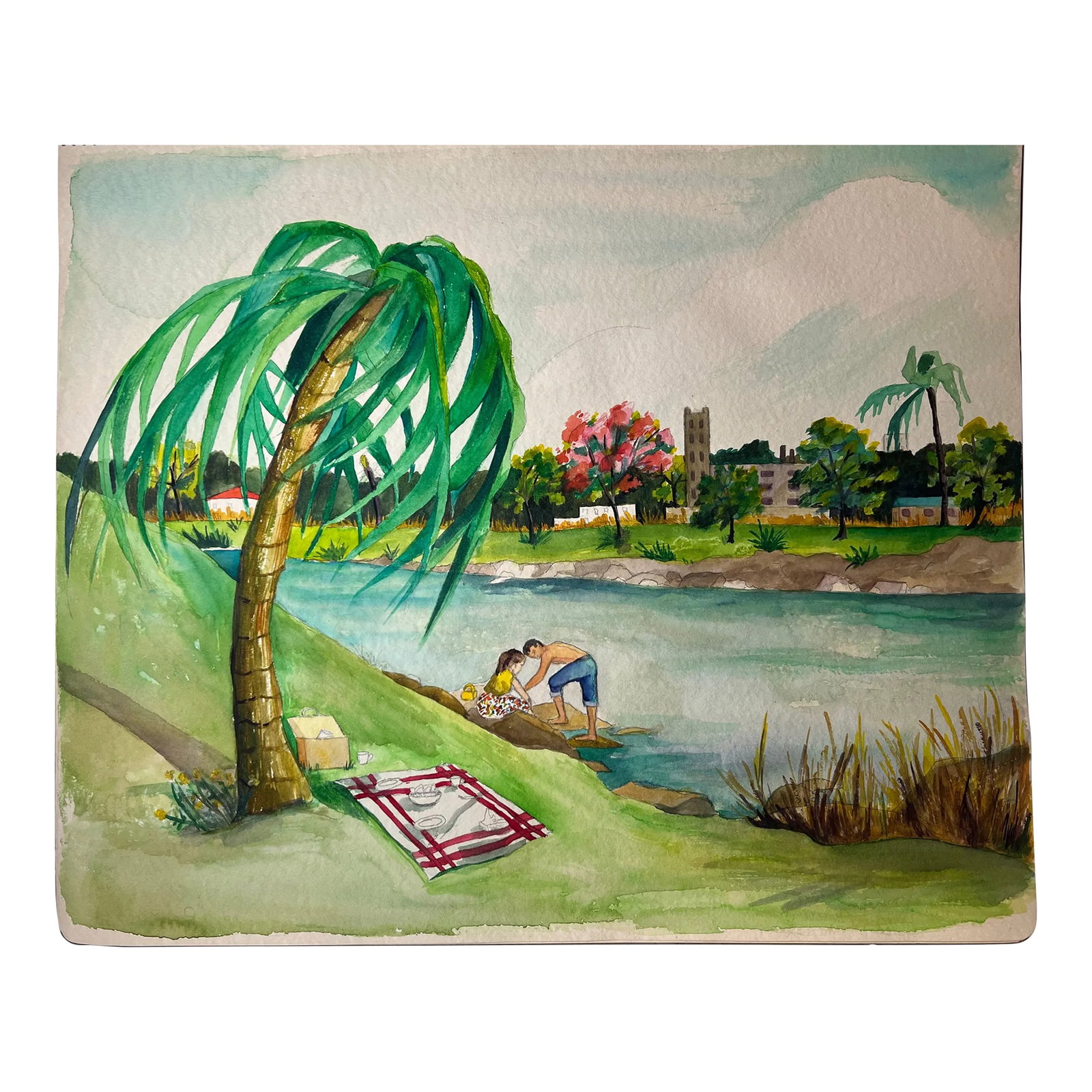 Mid Century Watercolor Painting of Couple Having a Picnic: Mid Century Watercolor Painting of Couple Having a Picnic near the water. Colorful painting of flowering trees, palm trees, and church tower in the background. The artist laid out the red and white pa