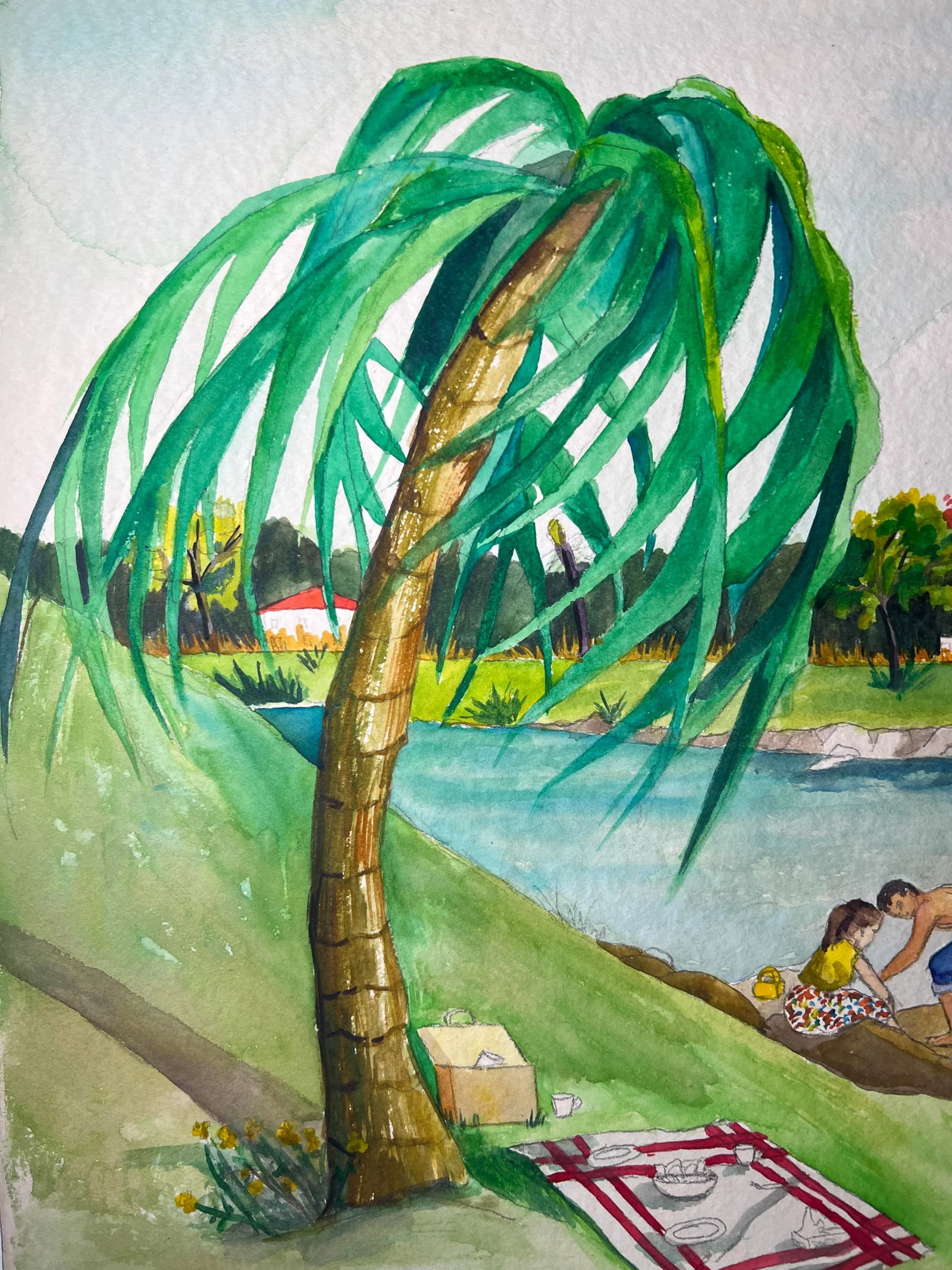 Mid Century Watercolor Painting of Couple Having a Picnic - 2