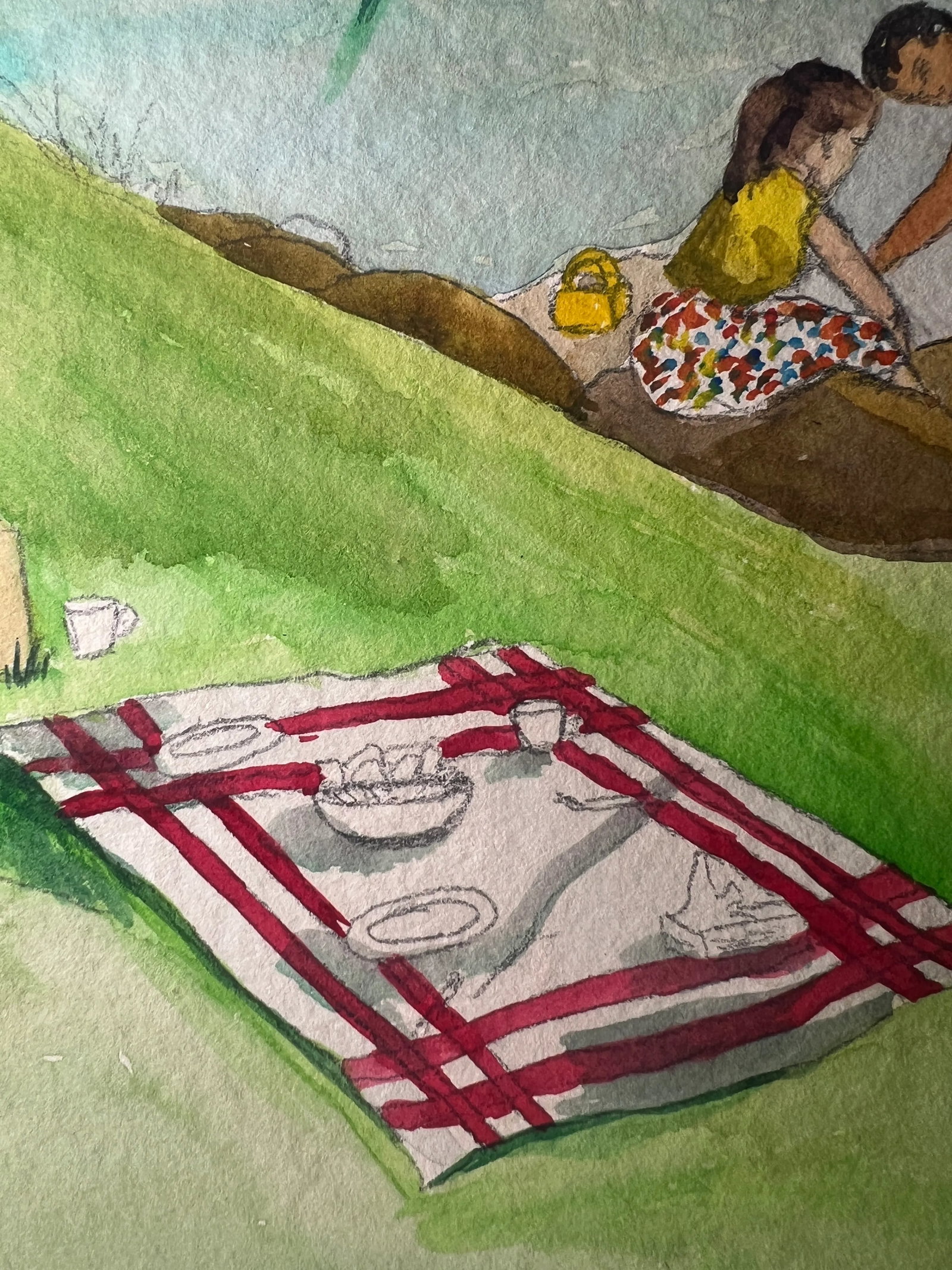 Mid Century Watercolor Painting of Couple Having a Picnic - 3