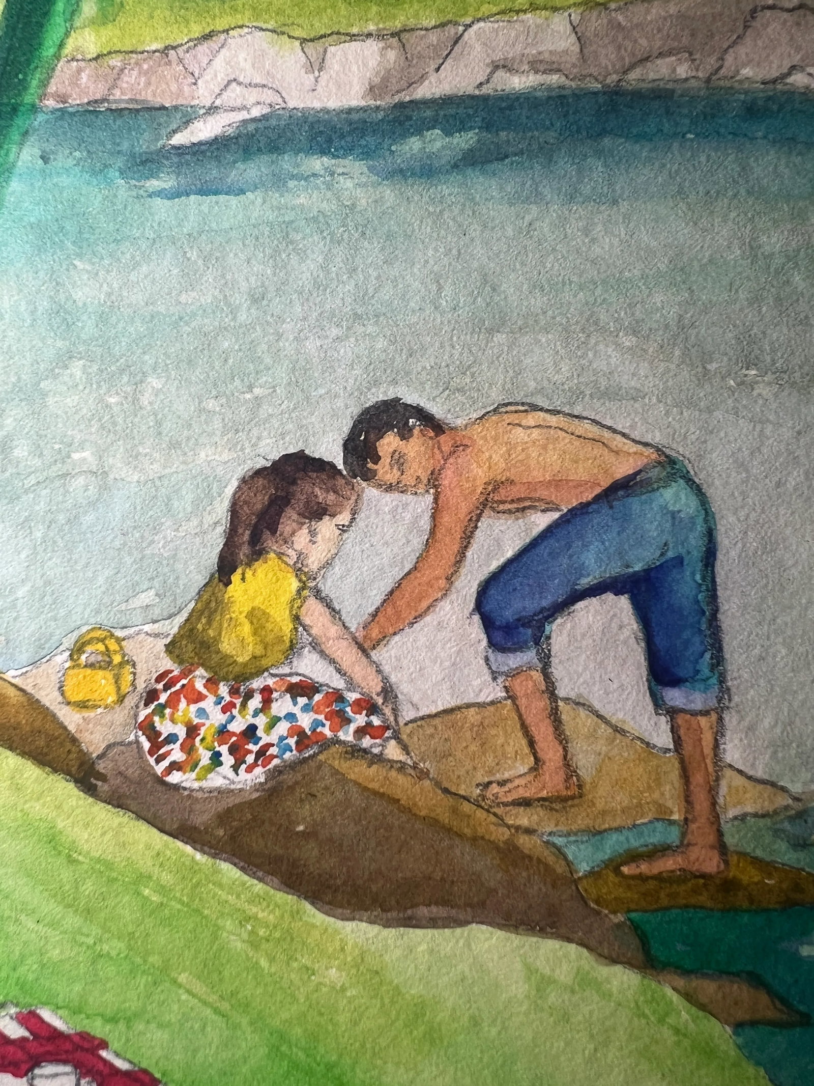 Mid Century Watercolor Painting of Couple Having a Picnic - 4
