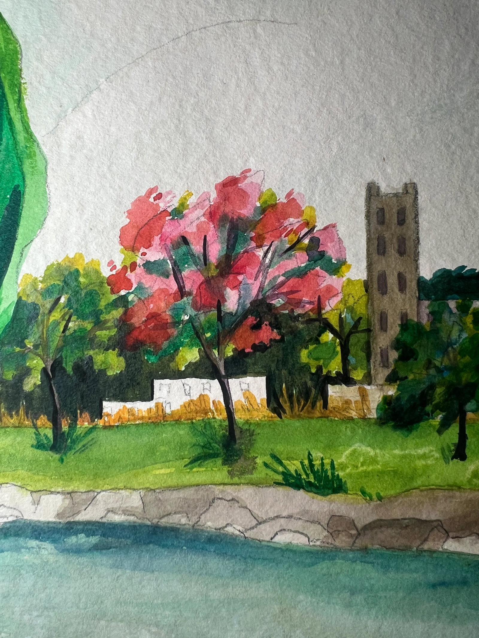 Mid Century Watercolor Painting of Couple Having a Picnic - 5