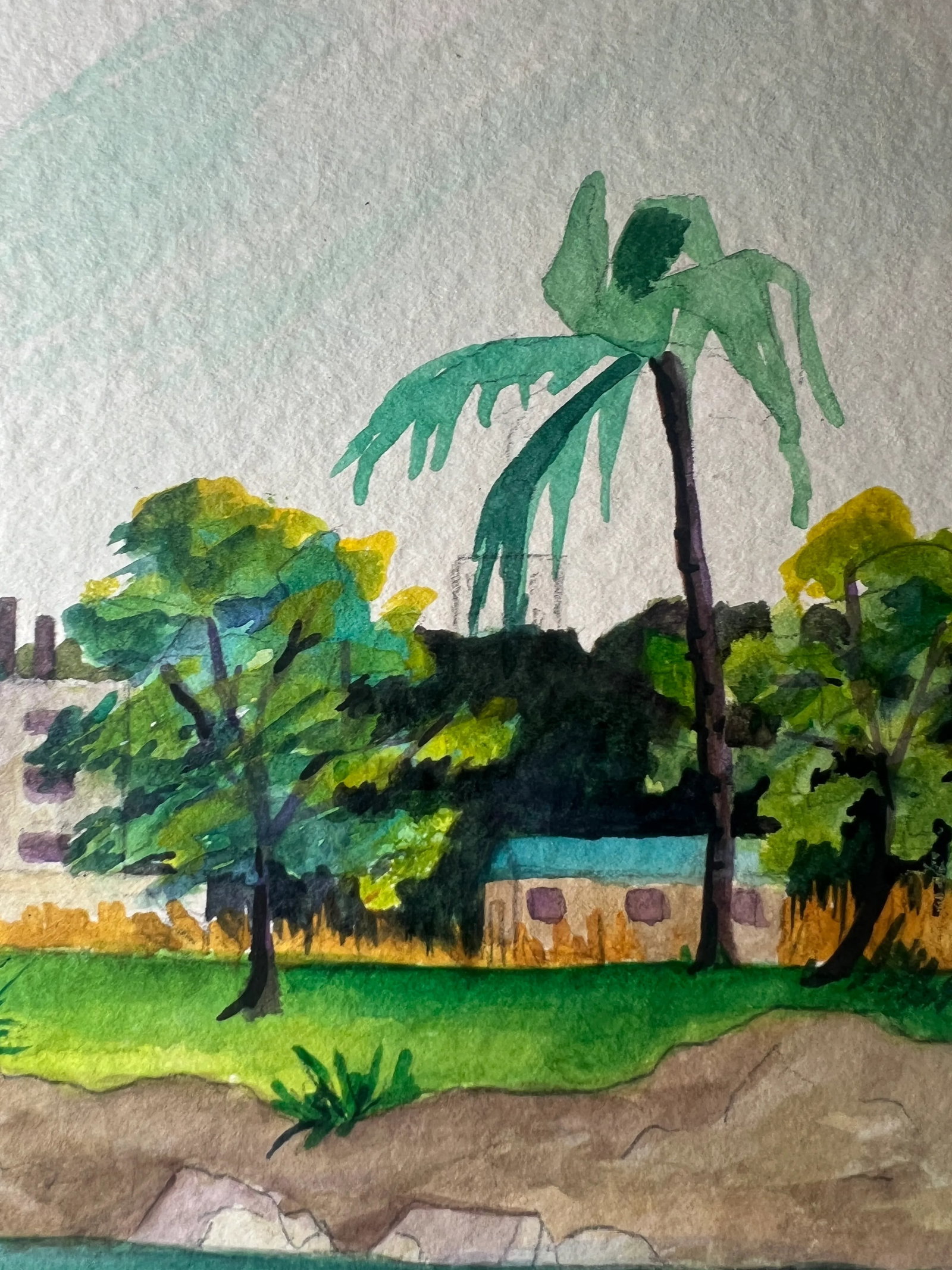 Mid Century Watercolor Painting of Couple Having a Picnic - 7