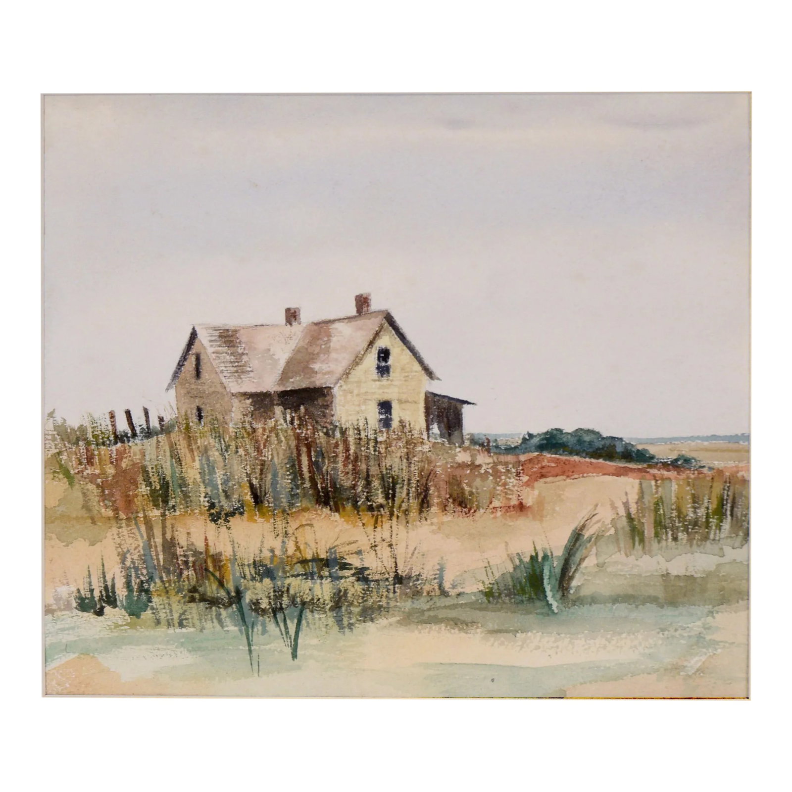 Farmhouse by the Sea - Original Watercolor on Paper: Farmhouse by the Sea - Original Watercolor on Paper Tranquil landscape of a seaside farmhouse on the sand surrounded by coastal plants, in soft neutral watercolors. A distant ocean sits on the