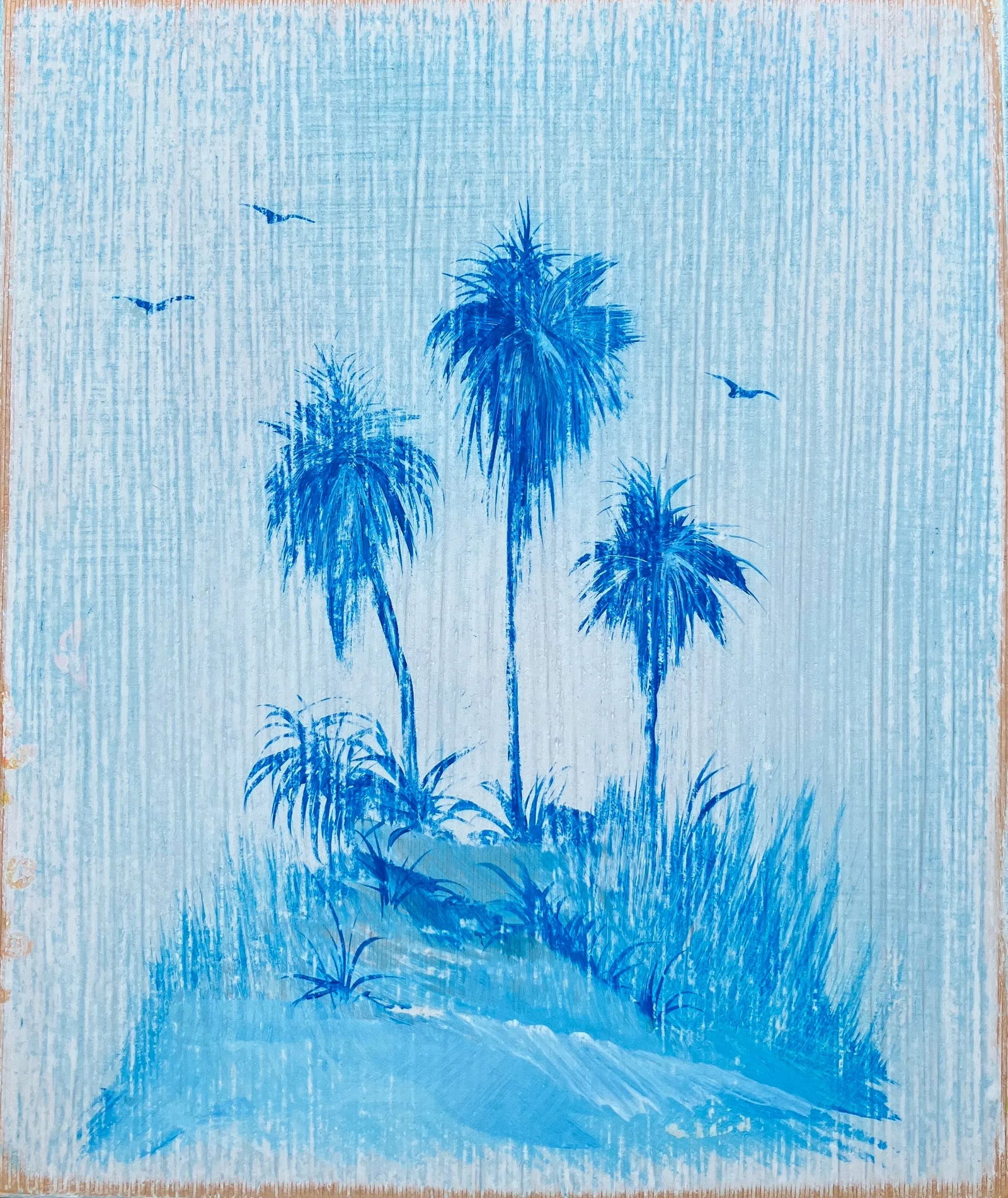 Shattered Silk Delftware Inspired Original Palm Trees Painting: Three Palms, 10 x 10 x .125 inches, oil on gessoed birch panel Inspired by the look of shattered silk and delftware. Precious little gems of work on 1/8th inch thick birch panel. So beautiful, unique