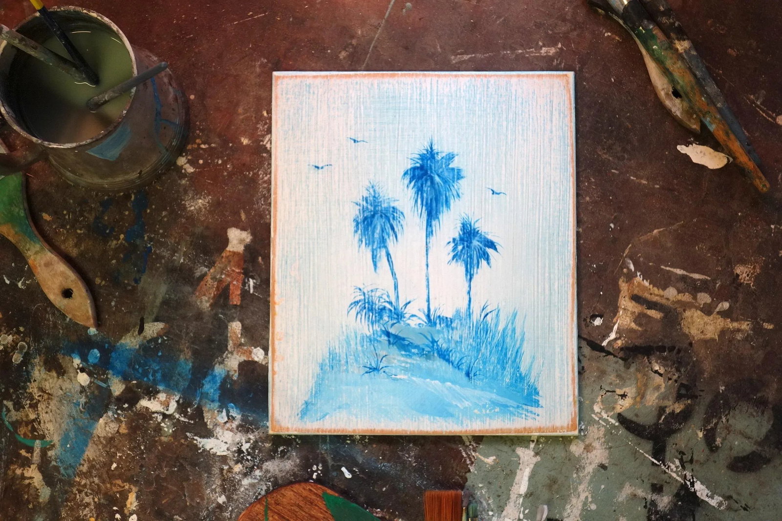 Shattered Silk Delftware Inspired Original Palm Trees Painting - 2