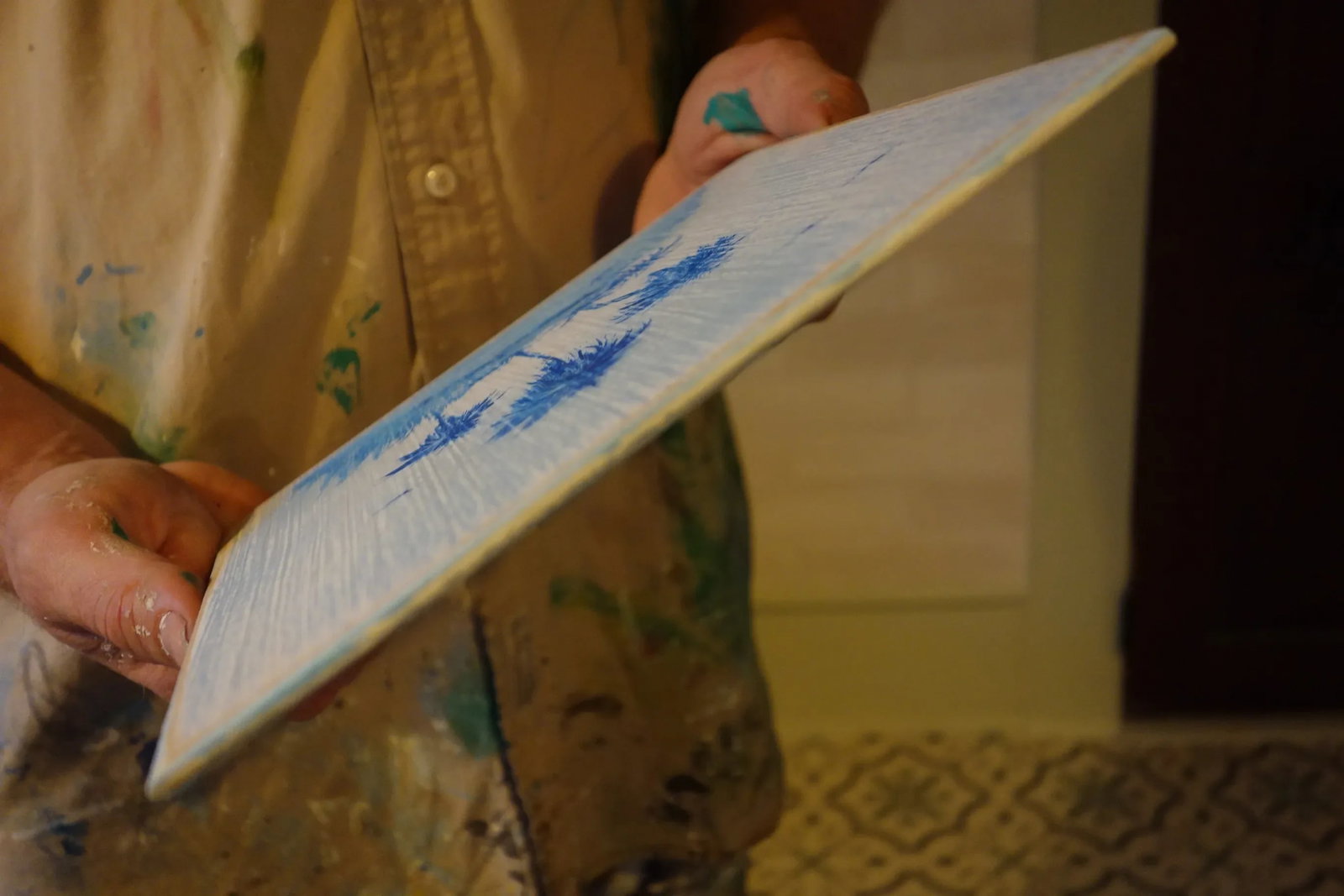 Shattered Silk Delftware Inspired Original Palm Trees Painting - 4
