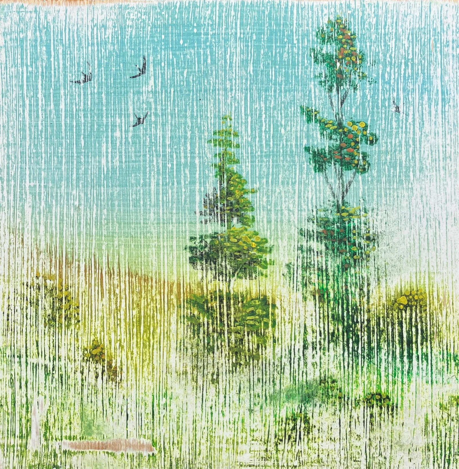 Shattered Silk Inspired Original Painting - Wooded Landscape: Shattered Silk, Delftware Inspired Original Painting 10 x 10 x .125 inches, oil on gessoed birch panel Inspired by the look of shattered silk and delftware. These precious little gems of work are on 1